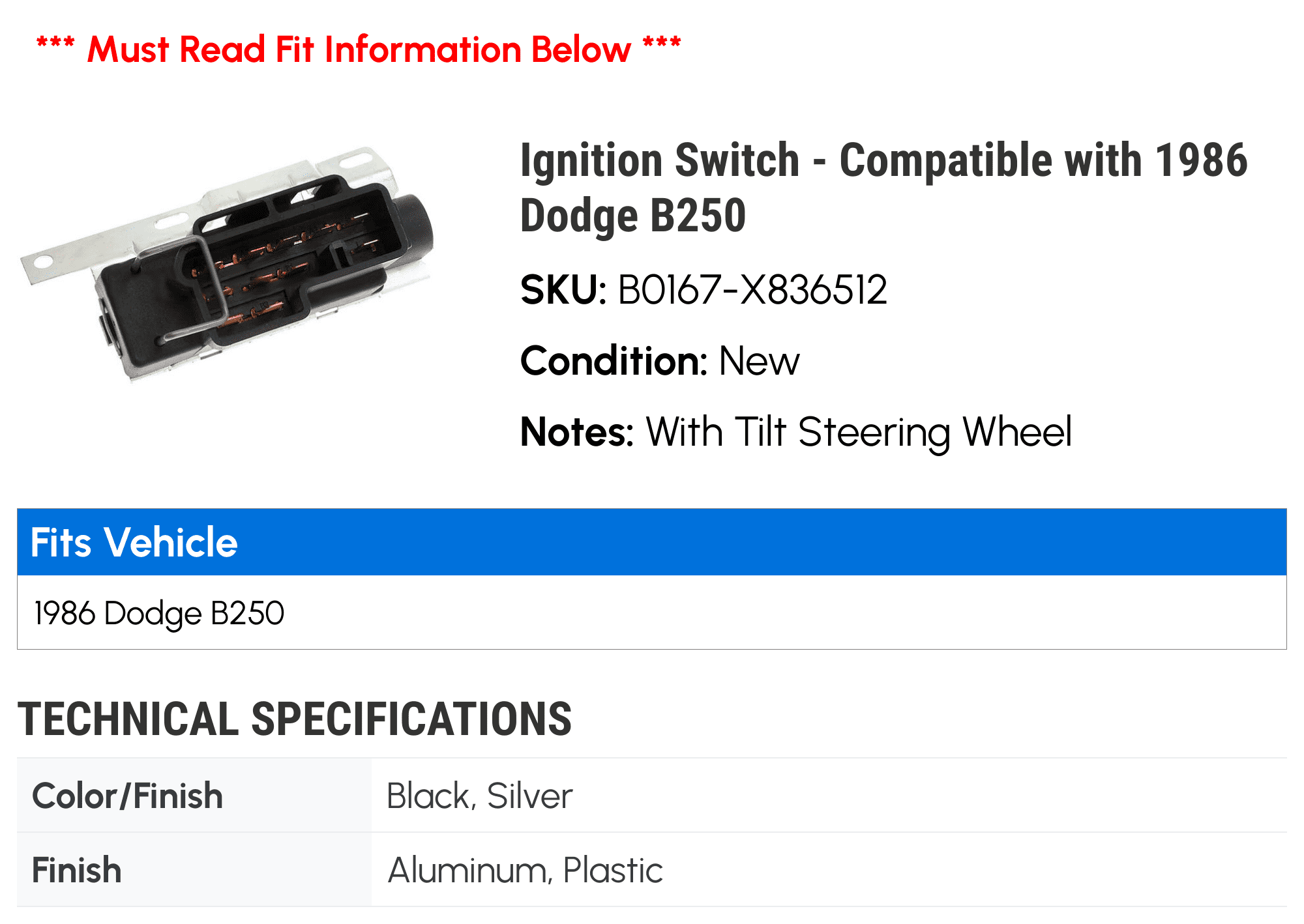 Ignition Switch - Compatible with 1986 Dodge B250