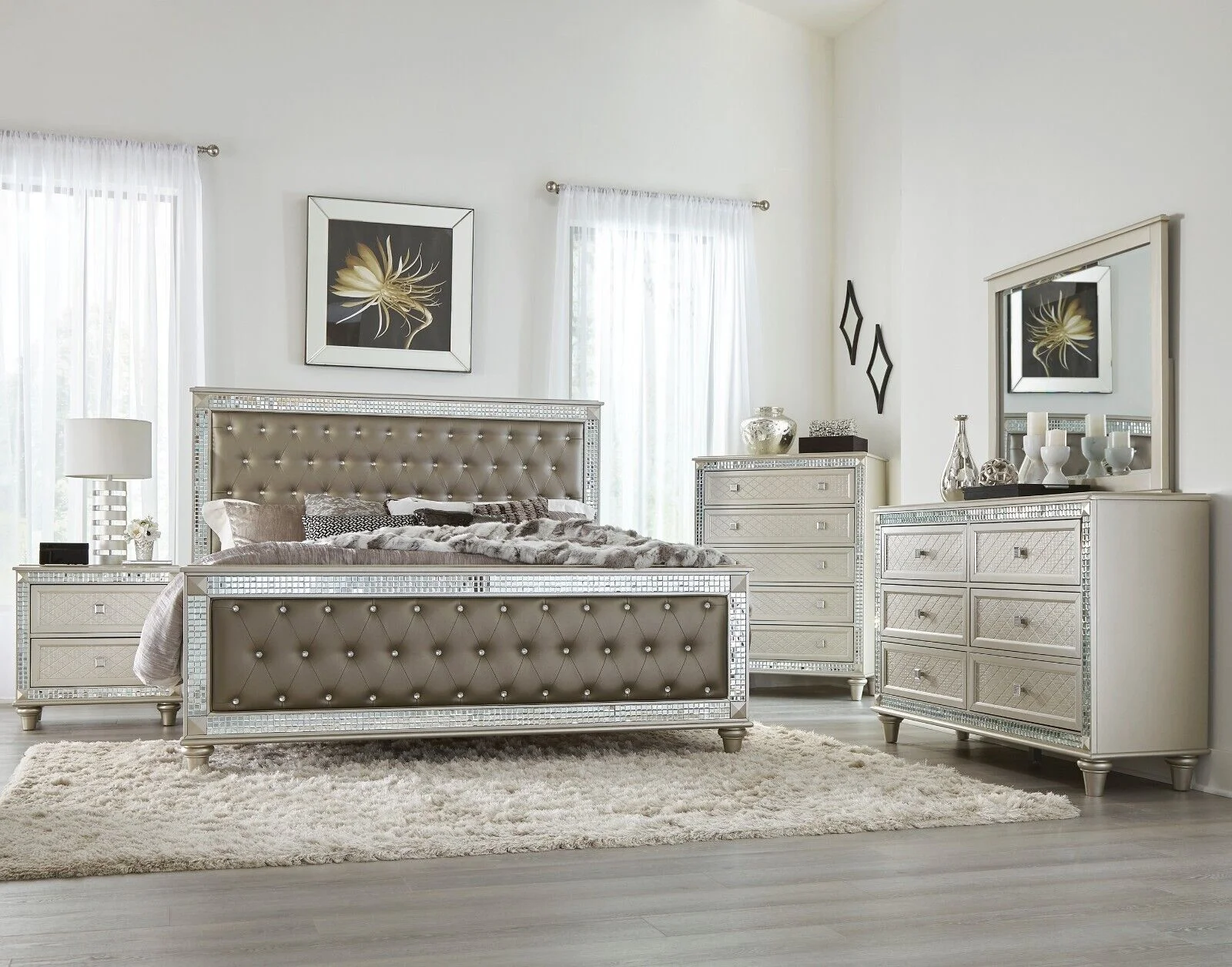 Modest Design 4pc Bedroom Set Queen Bed Dresser Nightstand Mirror Acrylic Crystal Tufting Upholstered Headboard