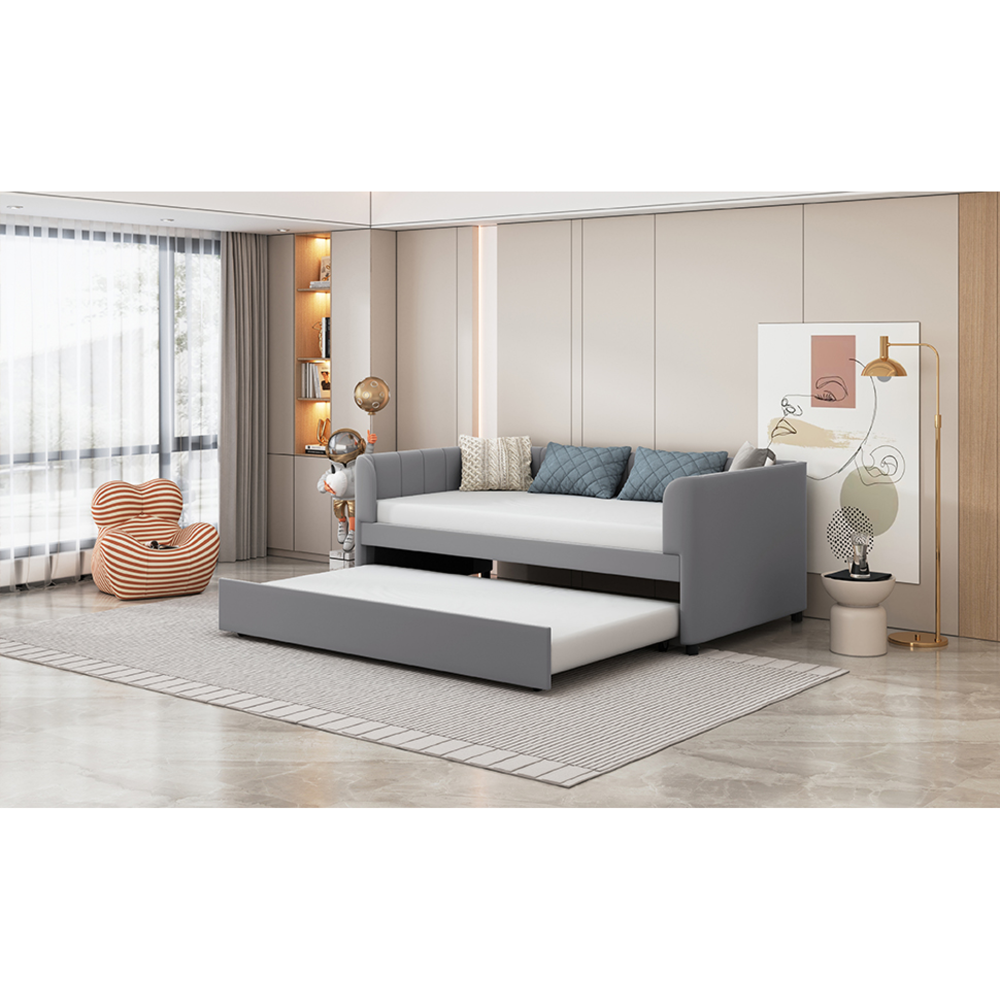 Twin Upholstered Daybed with Trundle & Ergonomic Backrest, Gray - Fits Twin Mattress