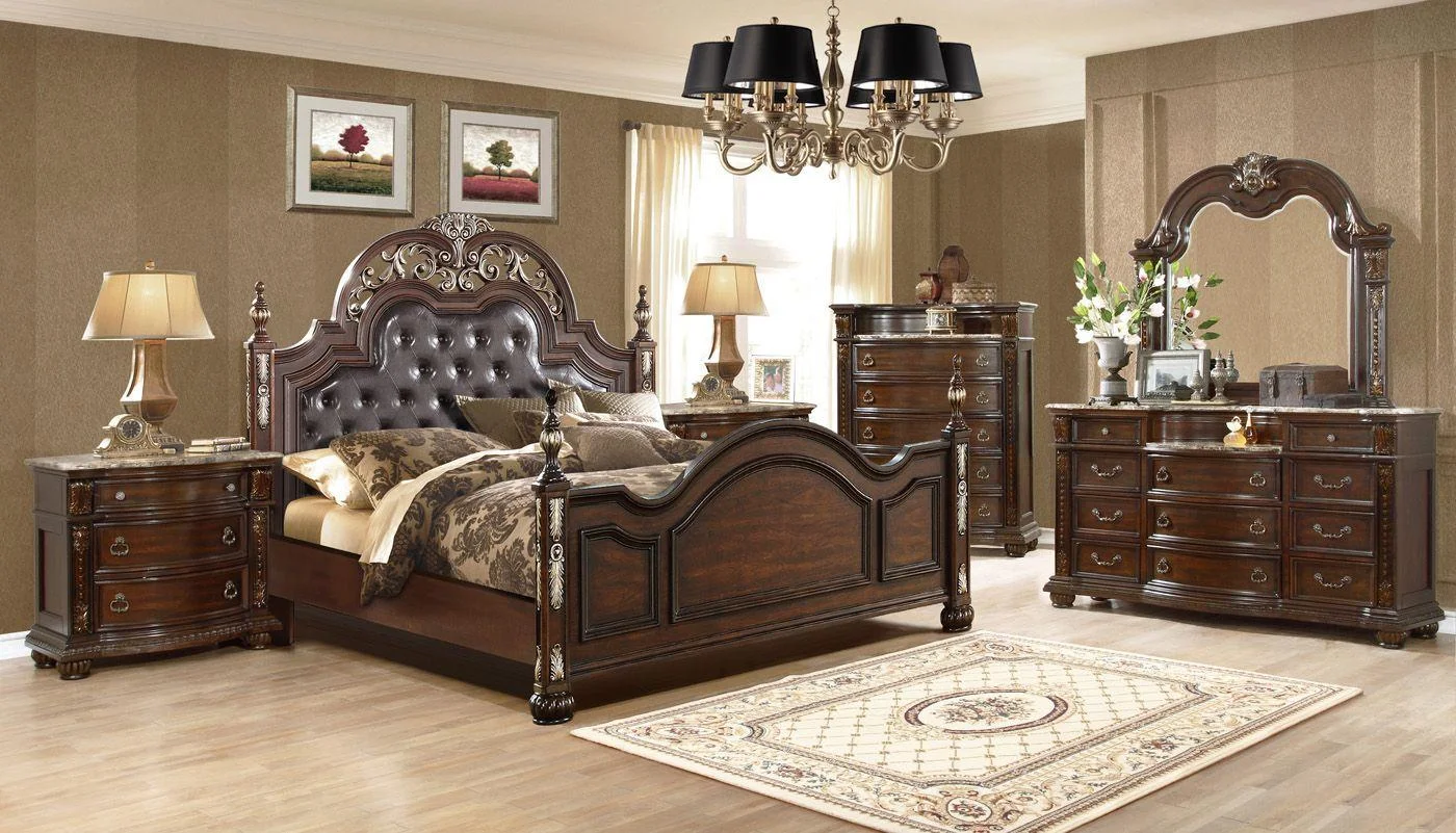 Dark Cherry Upholstered King Size Bedroom Set 6Pcs Traditional McFerran B9504
