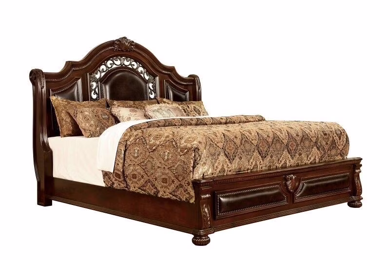 Formal Traditional Brown Cherry 1pc California King Size Bed Majestic Bedroom Furniture Solid Wood Faux Wood Carved Padded Headboard Footboard