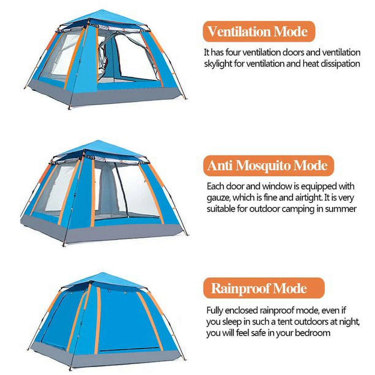 camping tent-One-touch tent with front room UV-proof, wind-proof and waterproof With mosquito cloth, pegs, rope and carrying bag-blue
