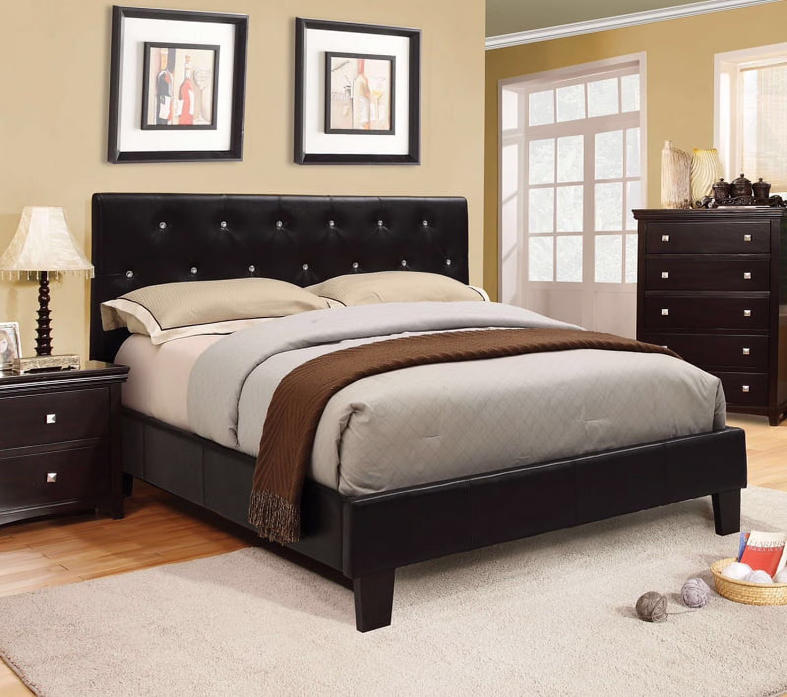 Contemporary Leatherette Padded Tufted Crystal Like Button Platform Queen Size Bed European Style Black Color Wooden Bedroom Furniutre 1pc Bedframe