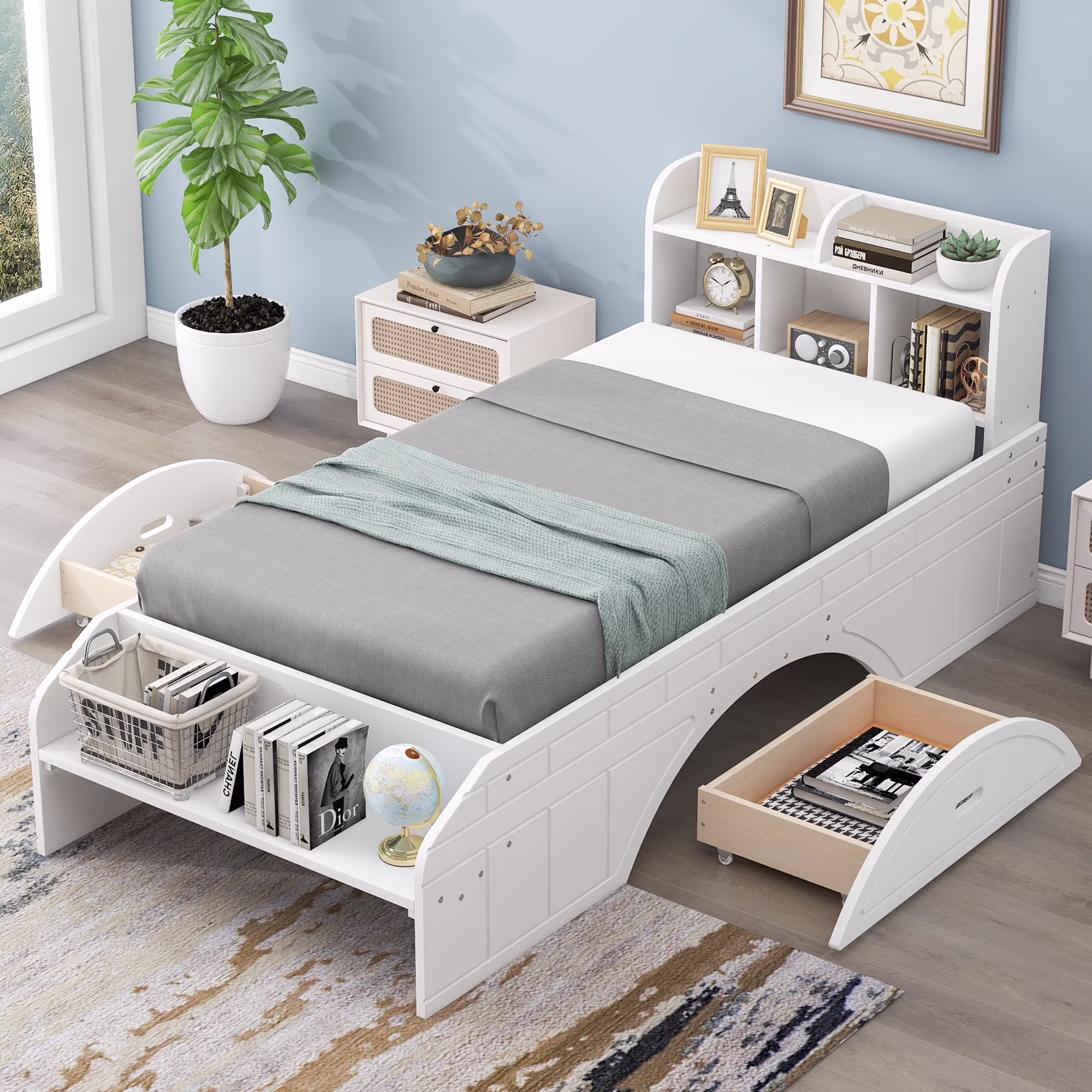 CoSoTower Wood Twin Size Platform Bed with 2 Drawers, Storage Headboard and Footboard, White