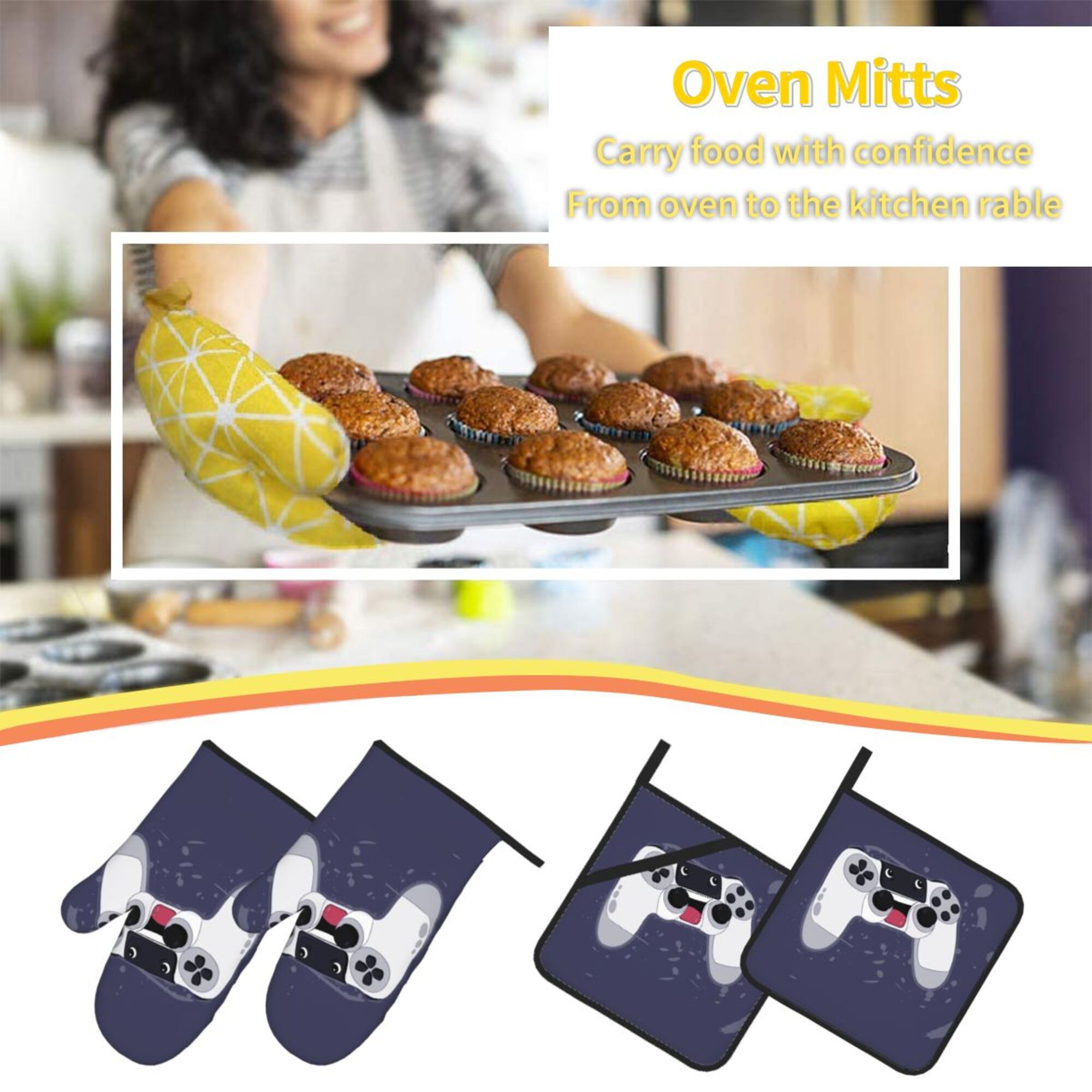 ZICANCN Oven Mitts and Pot Holders Sets,Game Controller Baking Sets Kitchen Heat Resistant 4 Pieces