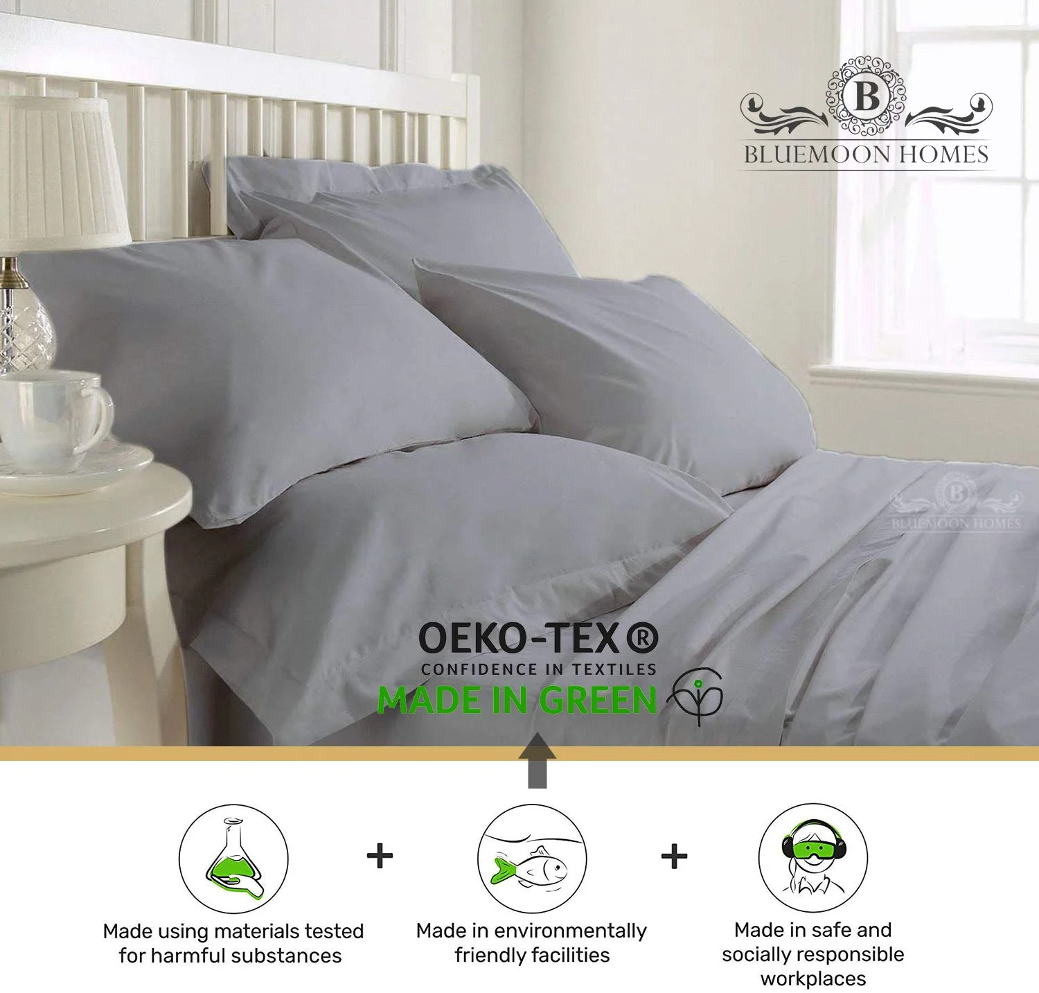 Bluemoon Homes Queen Bed Sheets luxurious 1000 Thread Count 100% Egyptian Cotton Sheets Queen Size 4-Piece Solid Pattern Silver Sheets, Fits Mattress Up To 18 inches Deep Pocket Queen Sheets Set