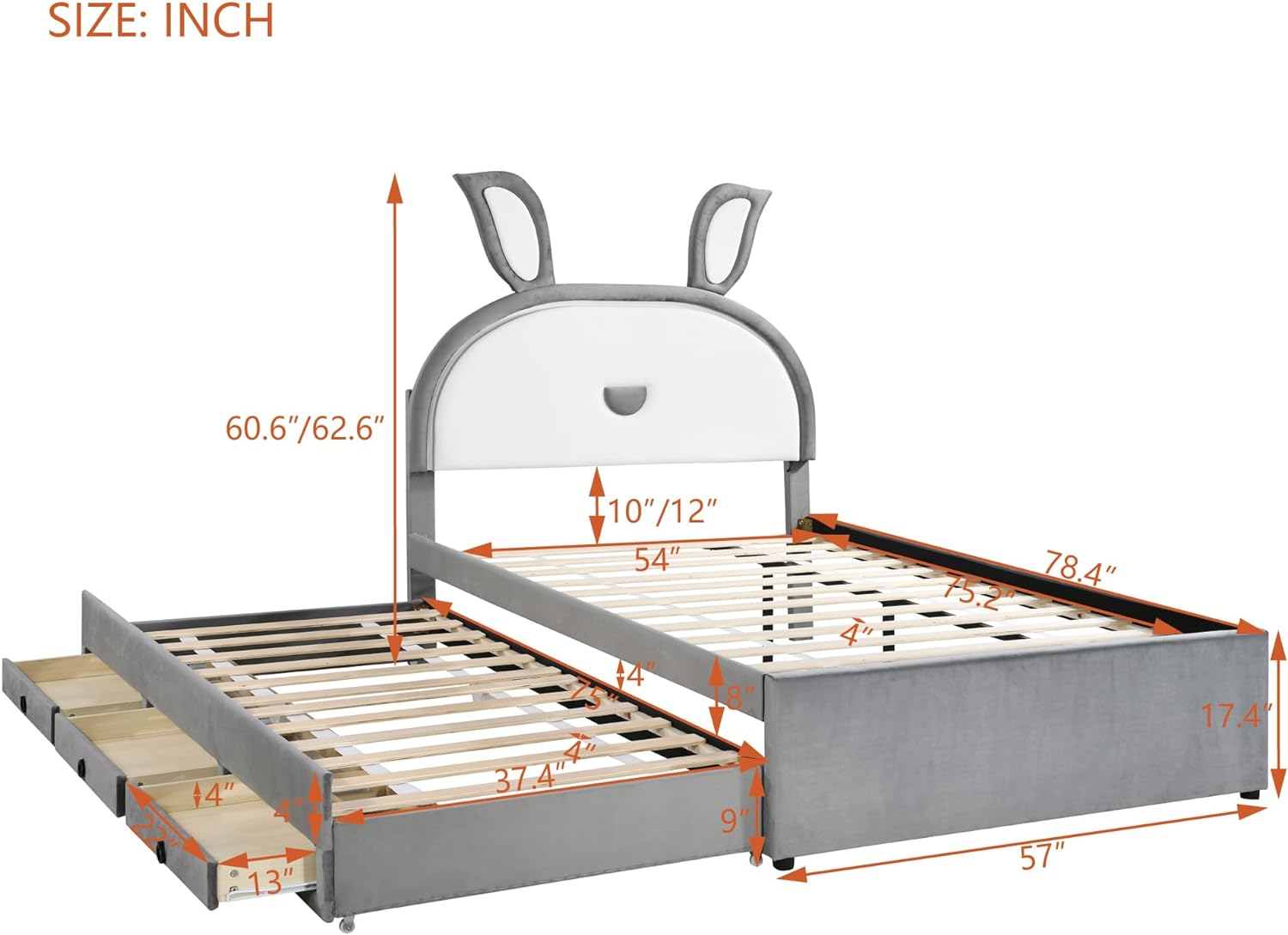 Full Size Upholstered Platform Bed with Trundle and 3 Drawers, Full Size Bed Frame with Rabbit-Shaped Headboard and Embedded LED Lights