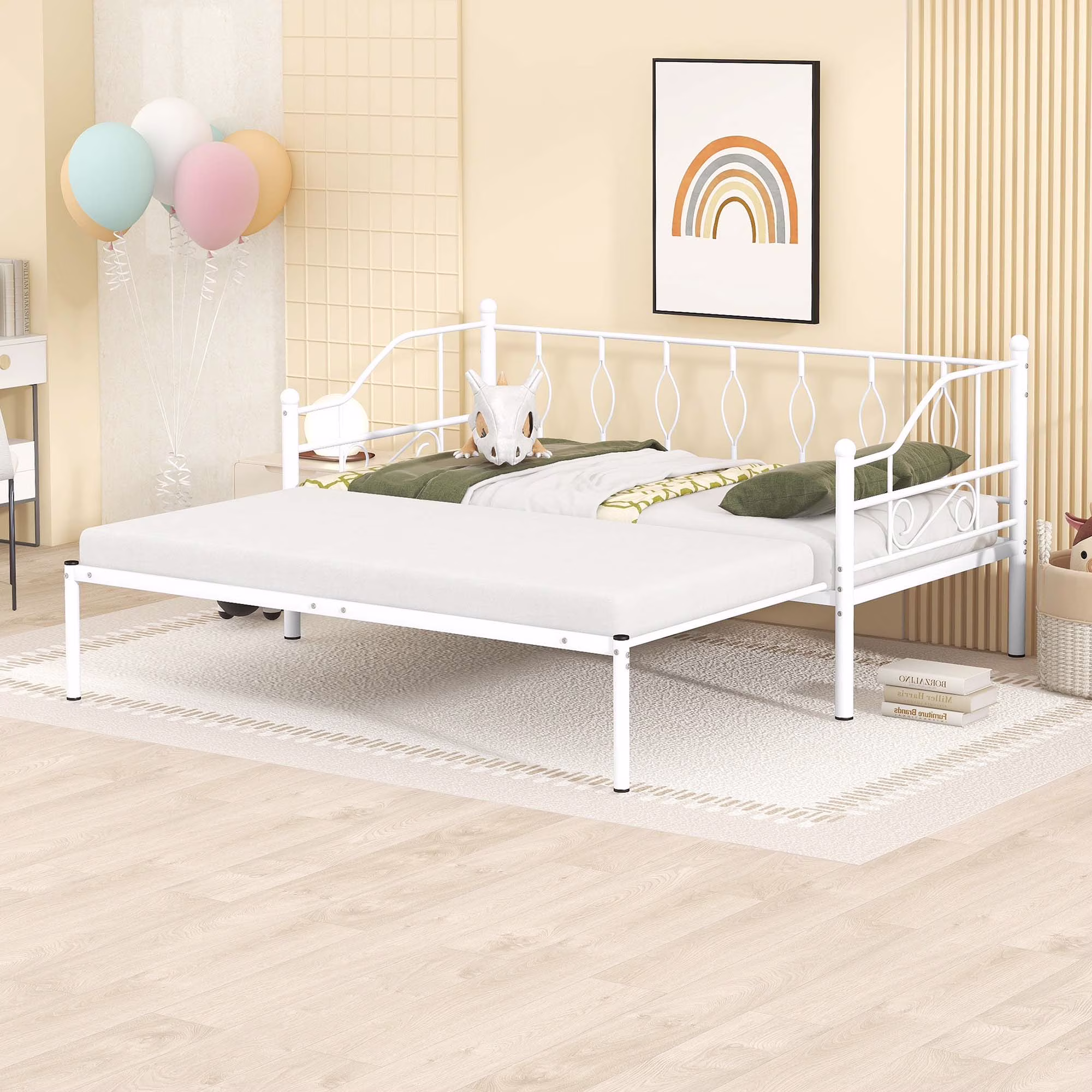 Twin Daybed with Trundle, SESSLIFE Metal Daybed Frame with Pull out Trundle, Heavy Duty Extendable Daybed,No Box Spring Needed, Twin Size Sofa Bed with Steel Slats Suppor, White