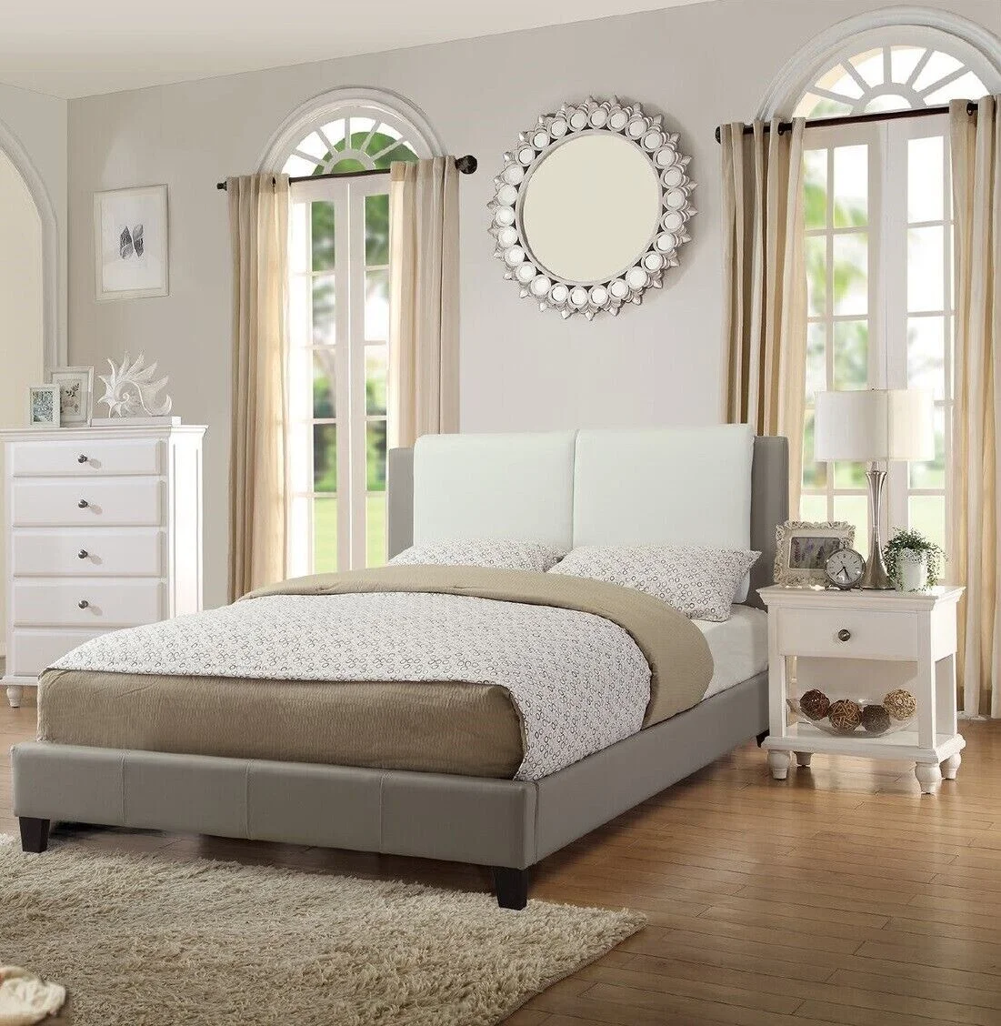 Modern Bedroom Furniture 3pc Queen Size Bed Set White 2x Nightstands Faux Leather Upholstered Bed