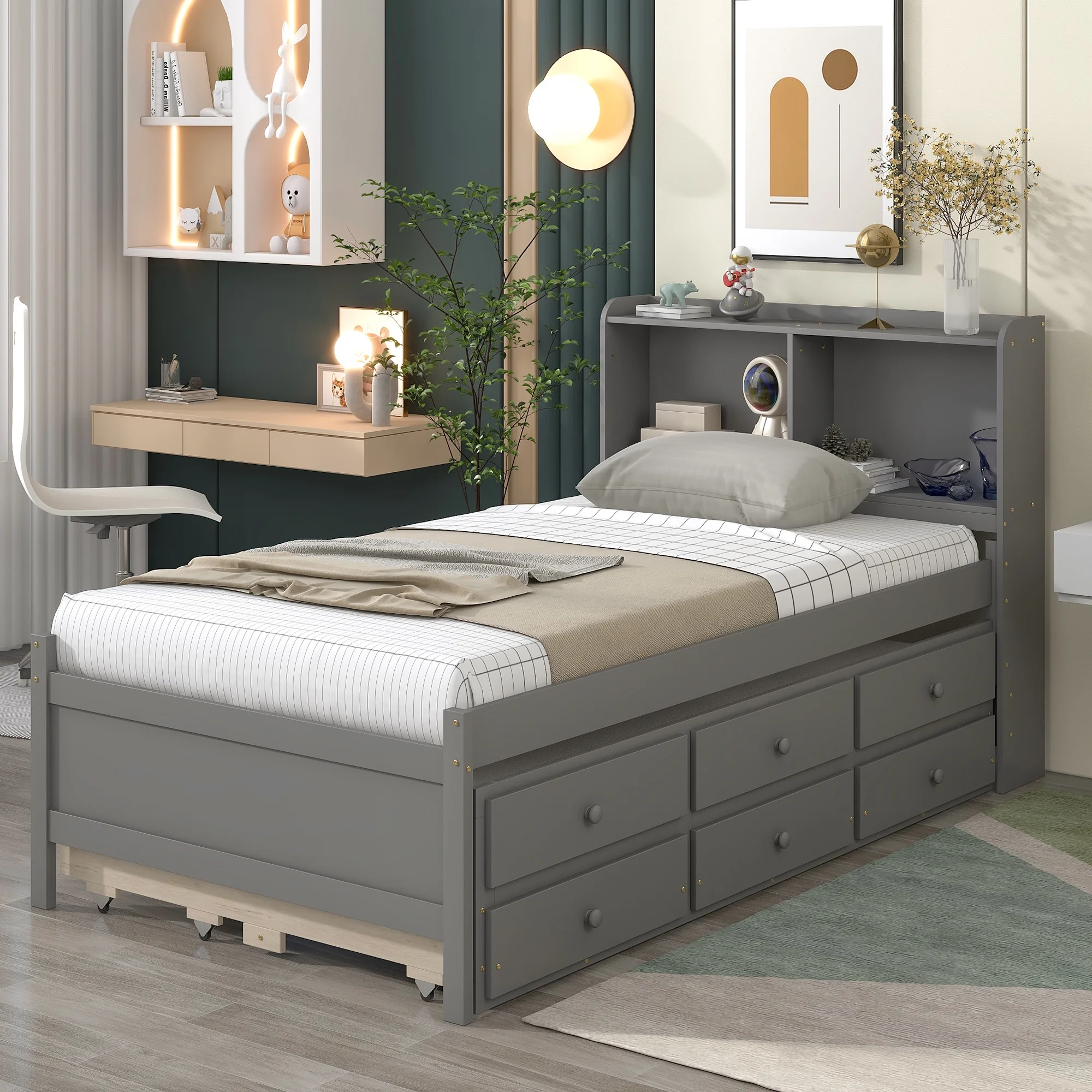 Docooler Twin Bed with Twin Trundle,Drawers,Grey