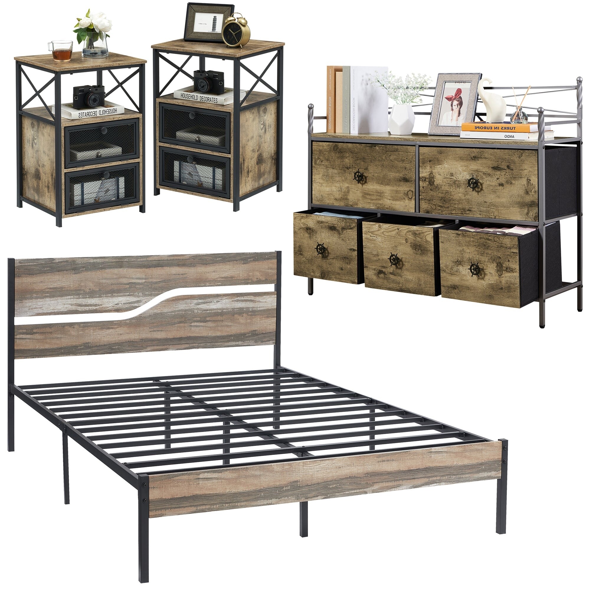 4-Piece Grey Bedroom Set with Bed Frame & 5-Drawer Dresser & Two Nightstands Queen - 4 Piece
