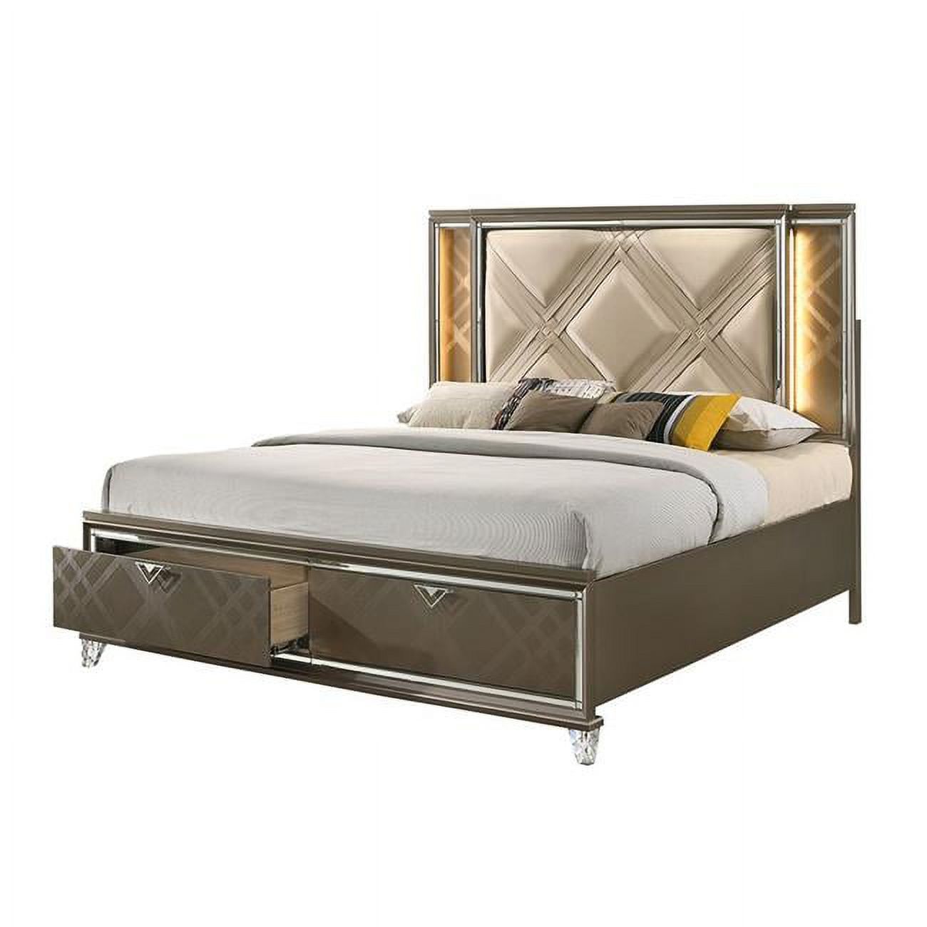 87 x 57 x 62 in. Skylar Bed with Storage - LED, PU & Dark Champagne - Full Size
