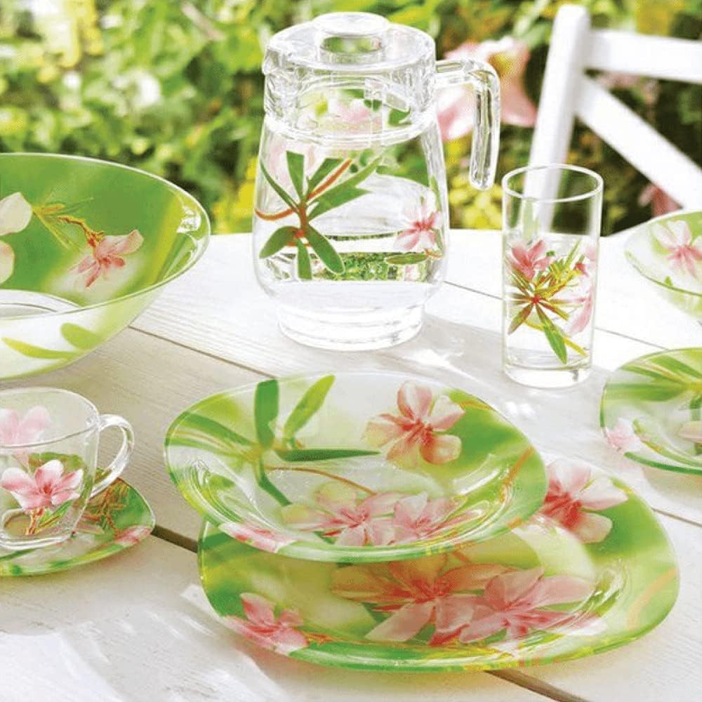 Carina Freesia Glass Dinnerware Set Of 44 For 6 Pers. Dinner Plates Deep Plate Dessert Plates Salad Bowls Decanter With Glass Mug And Saucer