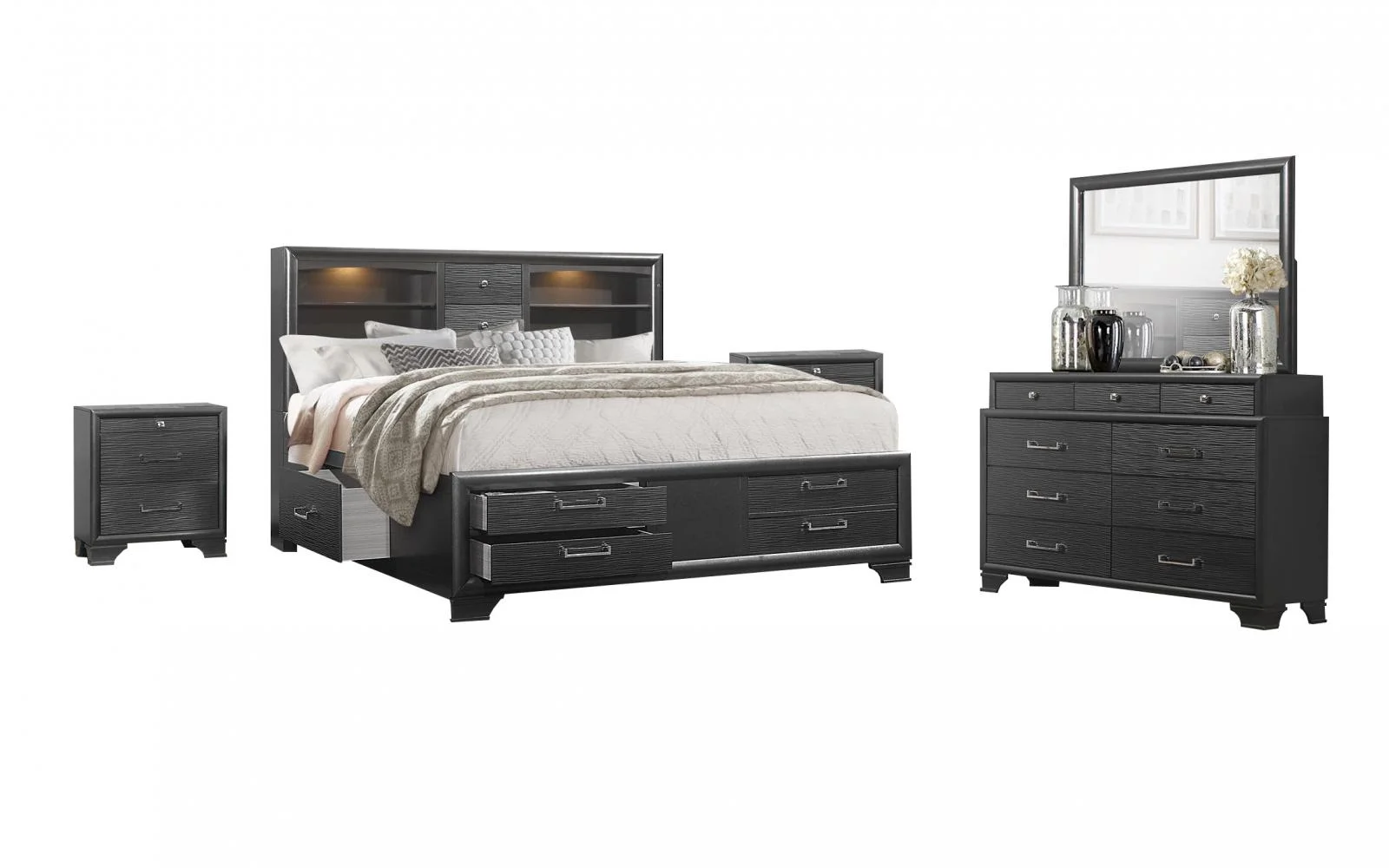 Storage Queen Bedroom Set 5Pcs Glossy Black Contemporary Global Furniture Jordyn