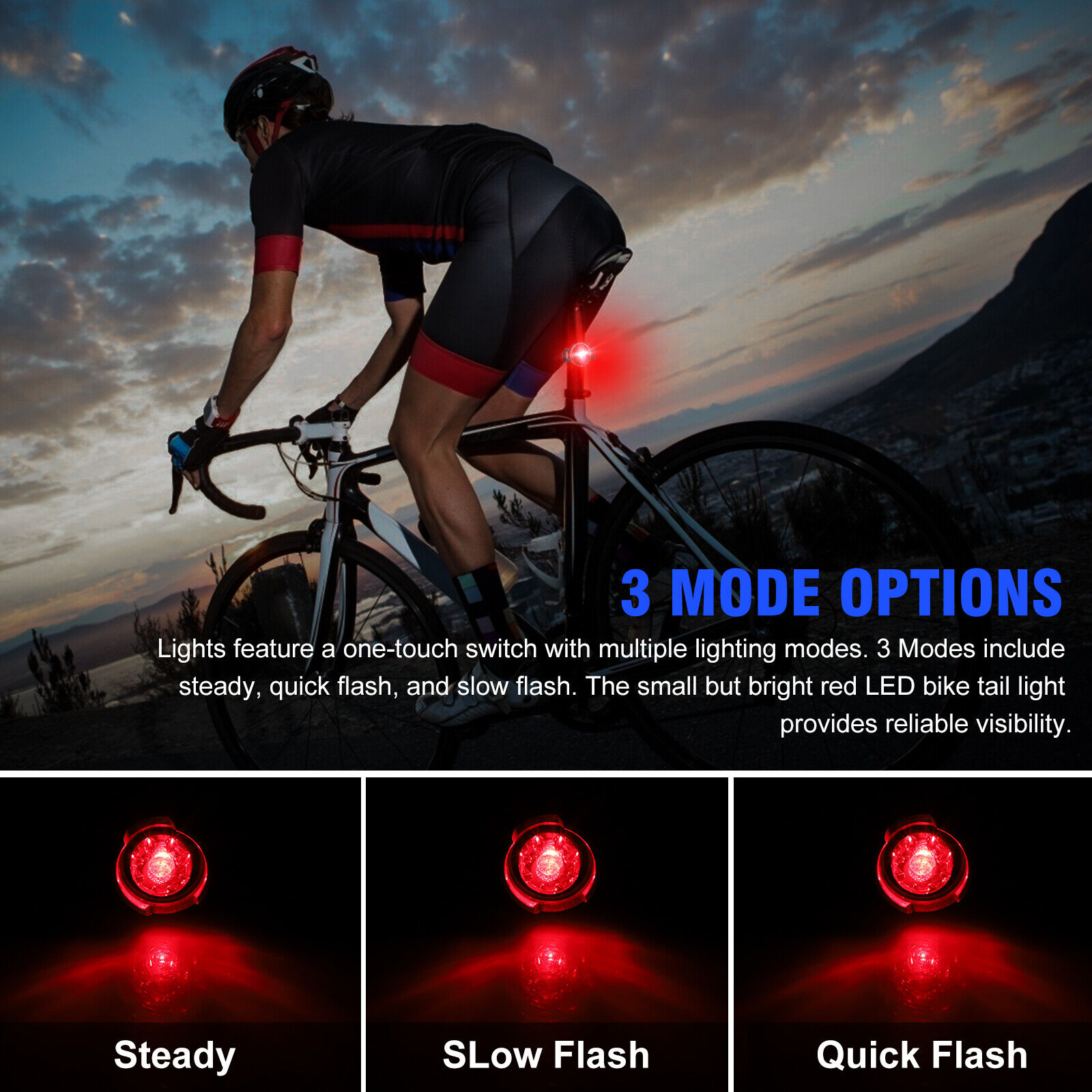 LED Bicycle Cycling Tail Light Bike Rear Warning Safety Lamp Waterproof 3Modes
