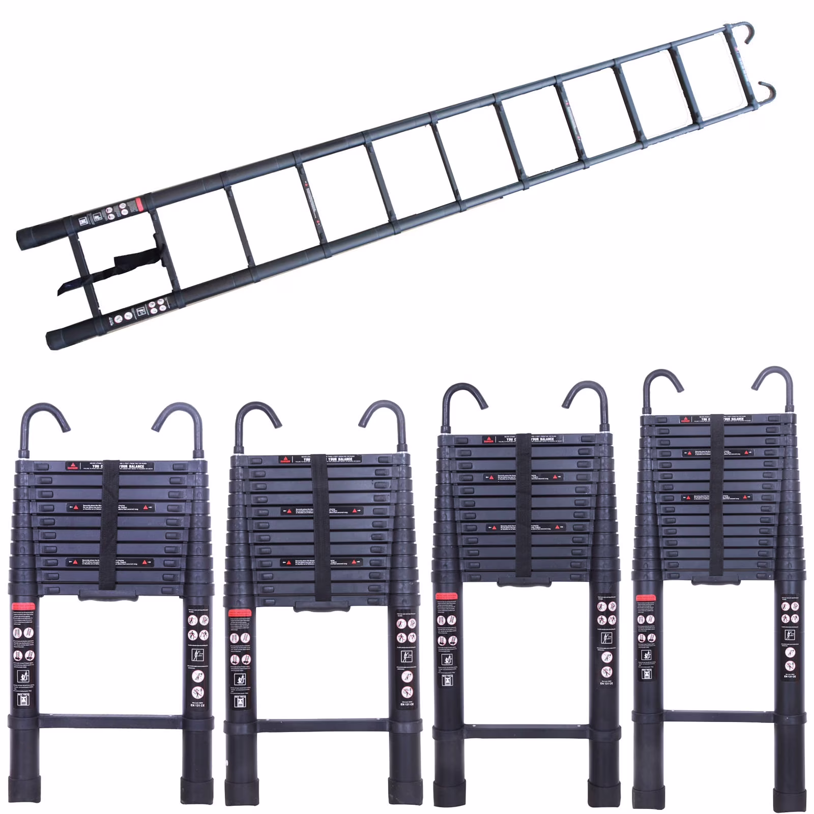 20.3ft Extension Telescoping Ladder Aluminum Folding Ladder for Home DIY RV Roof Attic Office with 2 Detachable Hooks Black EN131 Certificated 330lb Load, Folded Height 3.6ft Easy to Store