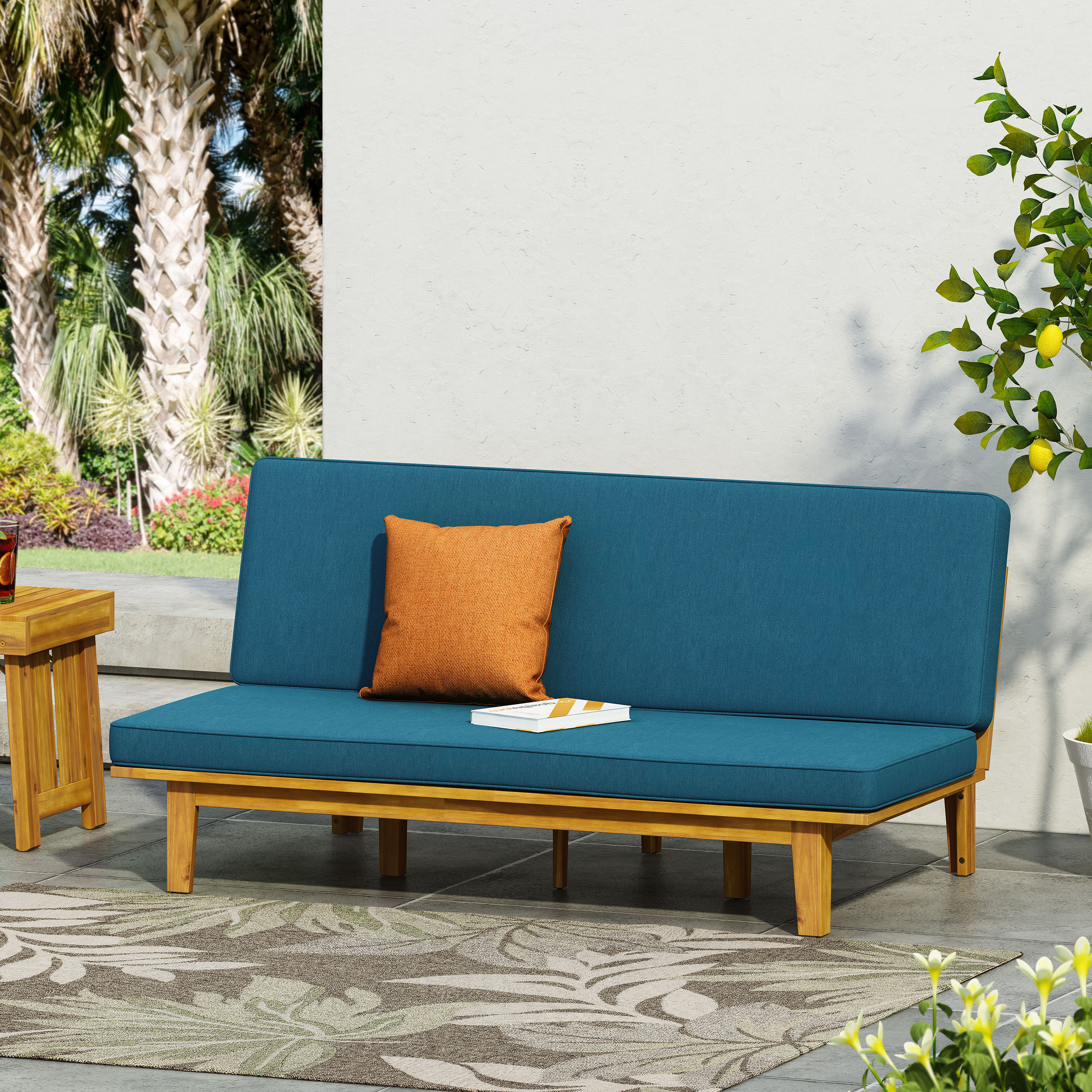 GDF Studio Riebe Outdoor Acacia Wood Convertible Daybed with Cushion, Teak and Dark Teal