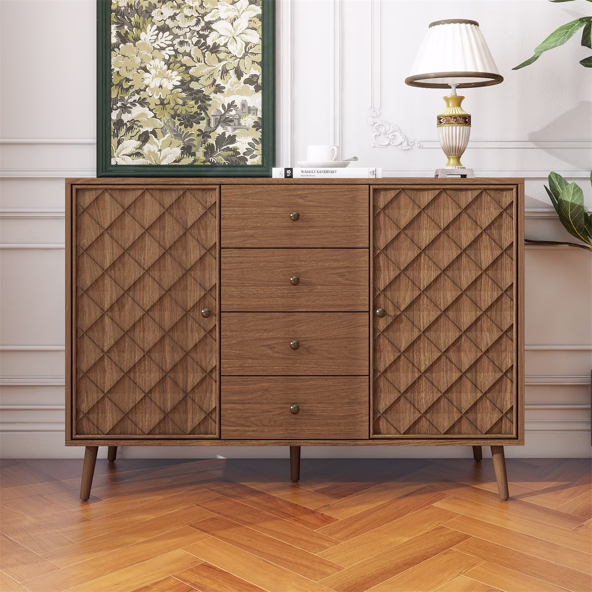 Boho Mid-Century Sideboard Buffet Cabinet with 3 Drawers and 2 Doors