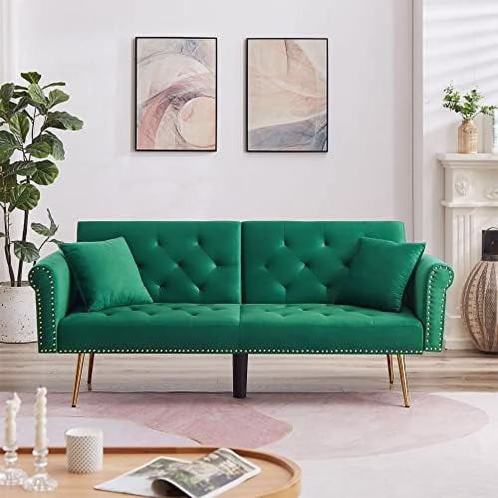 RUNFAYBIU Modern Velvet 2 in 1 Futon Sofa Bed Convertible Folding Sleeper Bed Couches with 2 Pillows 73" Tufted Recliner Love Seat with Golden Chrome Legs for Living Room Apartment Of