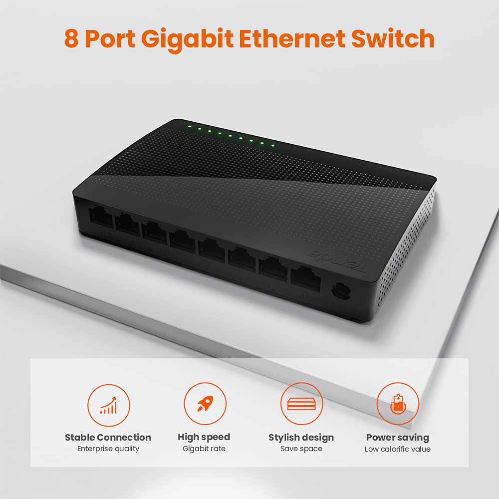 Tenda SG108, 8 Port Gigabit Switch, Unmanaged Home Ethernet Switch, Office Ethernet Splitter, Plug & Play, Plastic Case, Desktop/ Wall-Mount, Fanless Quiet, Limited Lifetime Protection