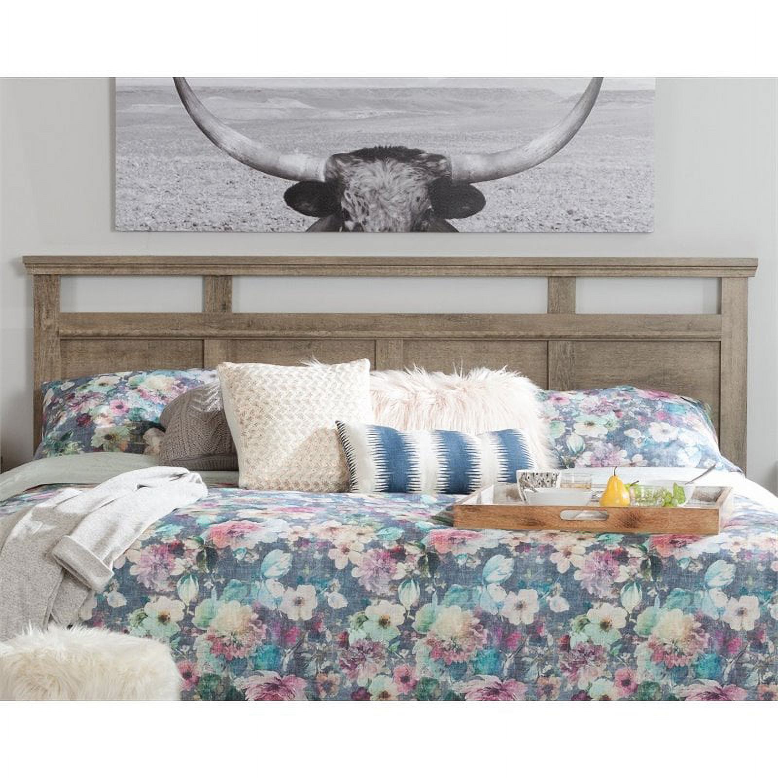 Pemberly Row Modern Queen King Panel Headboard in Weathered Oak