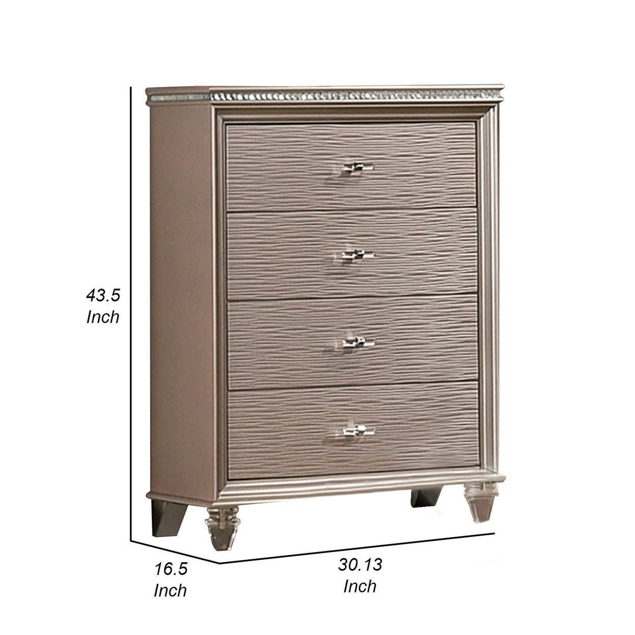 Jisoo 44 Inch Tall Dresser Chest, Textured Drawers, Crystal Accents, Gold