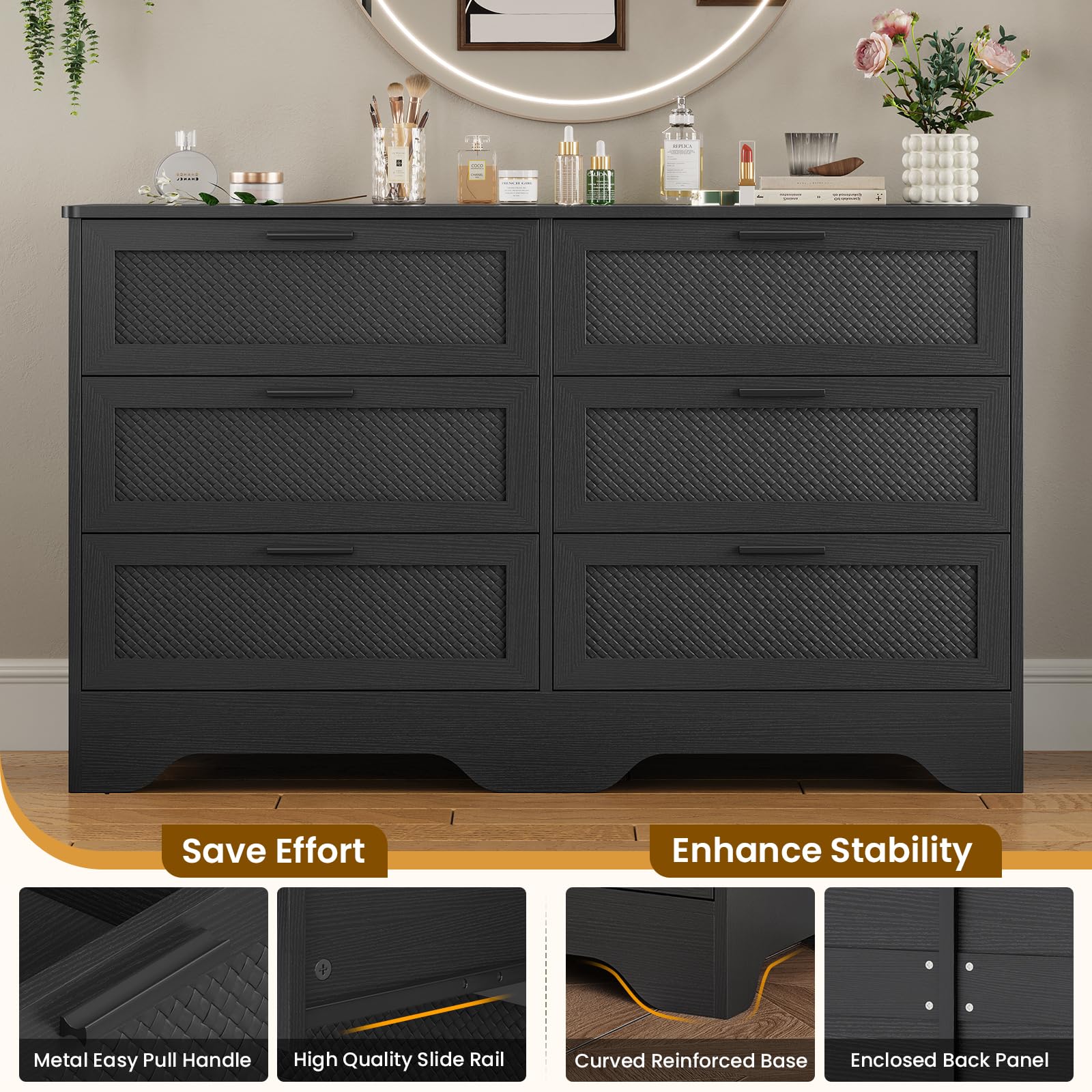 Modern 6 Drawers Double Dresser with Woven Leather Design, Black Dresser for Bedroom