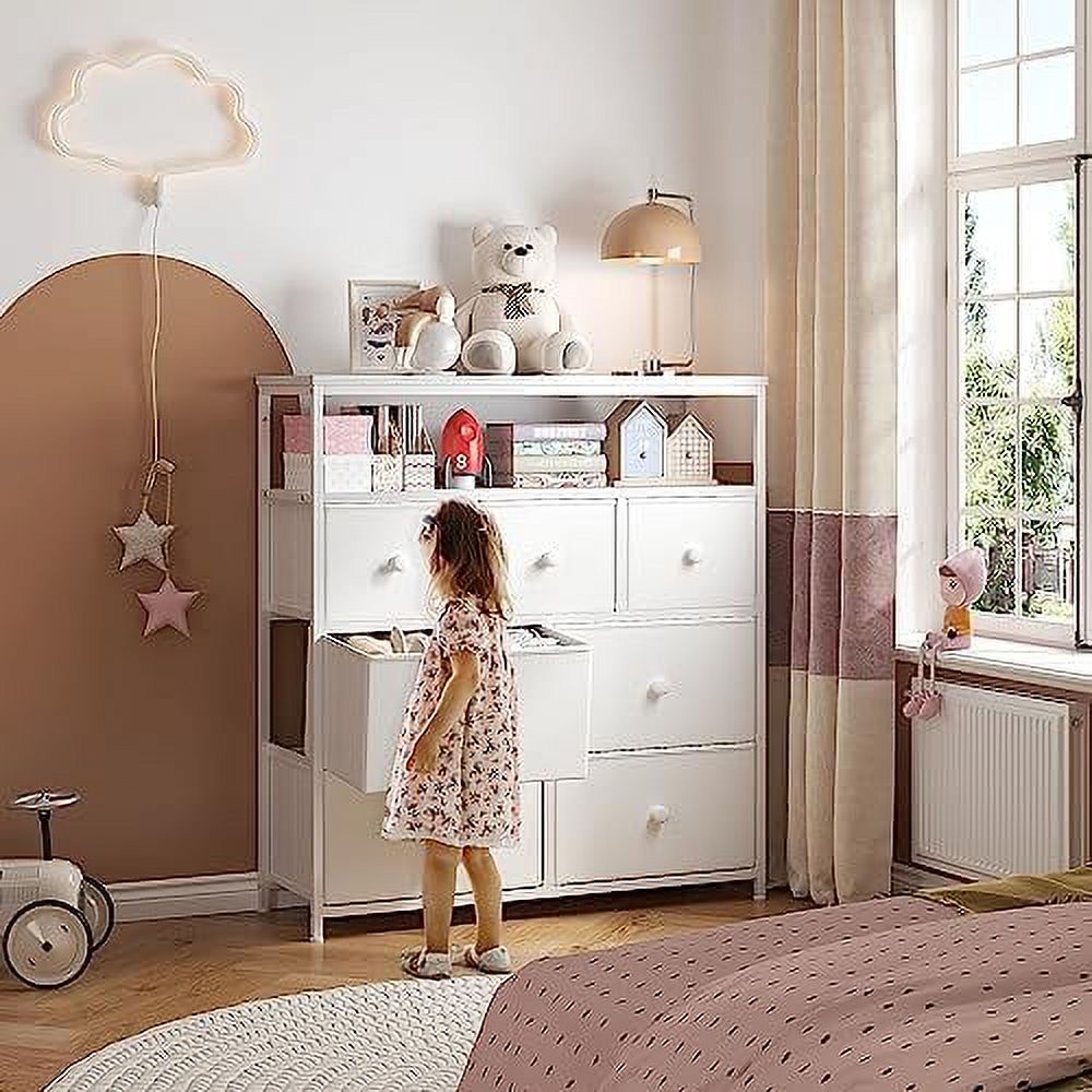 KHBIULIFE White Dresser  Dresser for Bedroom with 7 Drawers  Cute Dresser & Fabric Dresser for Bedroom  Bedroom Dresser with Wood Top and Metal Frame  Closet Dresser for Living Room
