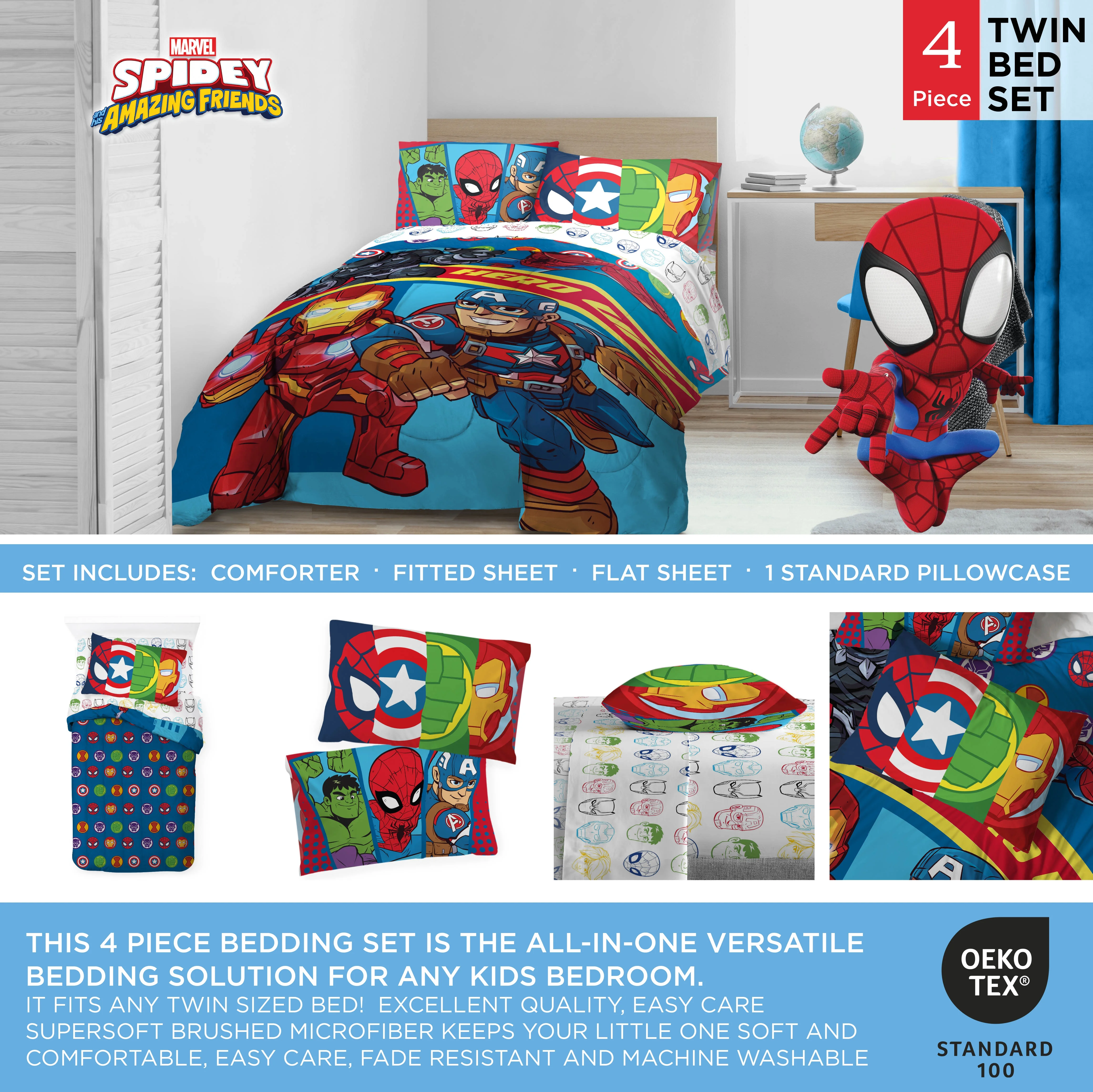 Super Hero Adventures Double Team Kids 4 Piece Twin Bed Set, 100% Microfiber, Blue