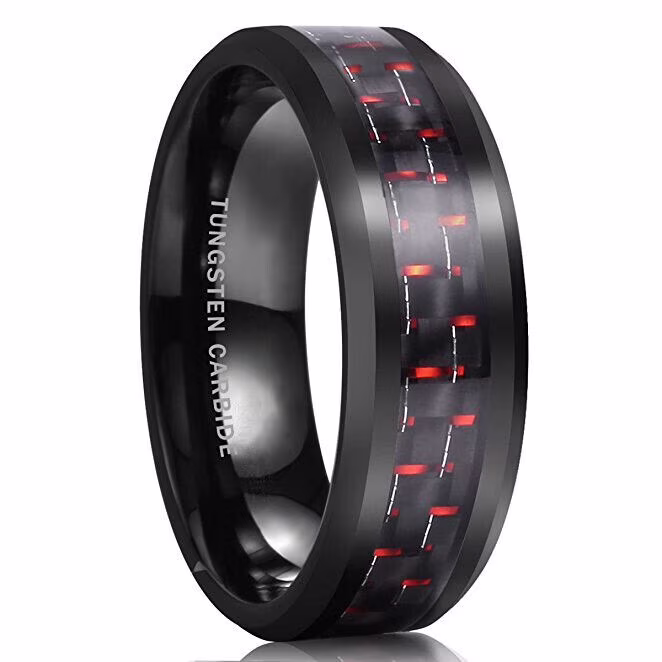 Wedding Rings For Men 8mm Black Tungsten Band Black & Red Dash Carbon Fiber