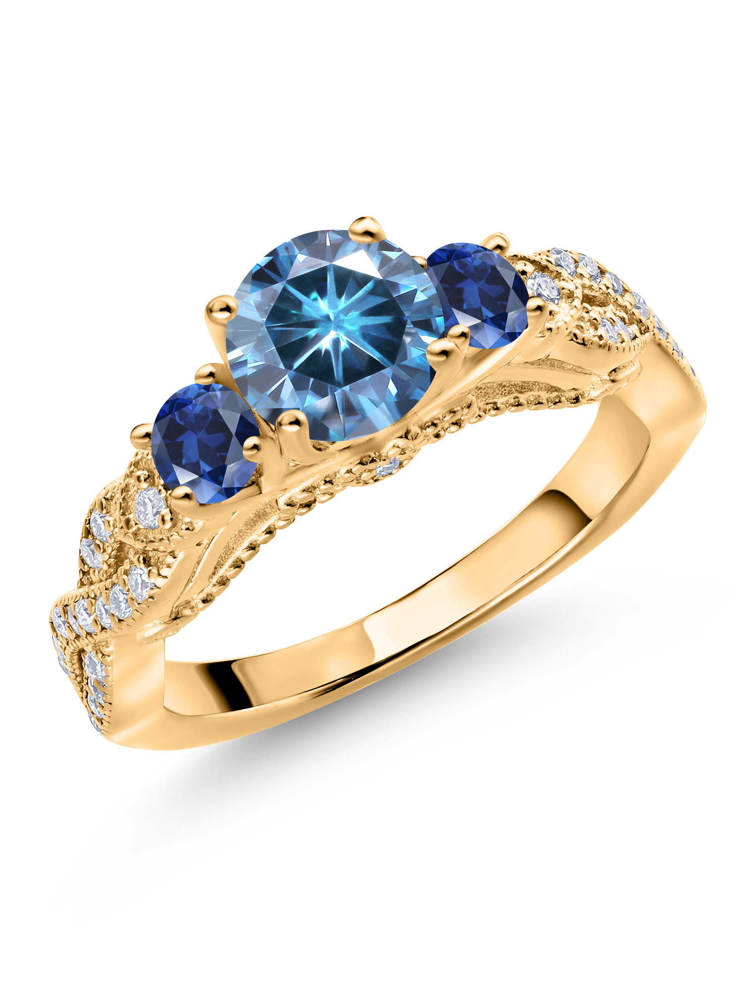 Gem Stone King 18K Yellow Gold Plated Silver Persian Blue Moissanite Blue Created Sapphire and White Moissanite Engagement Ring For Women (1.35 Cttw, Gemstone, Round 6MM and 3MM)