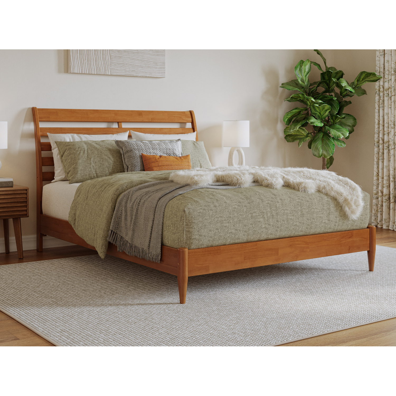 Savannah Queen Wood Low Profile Platform Bed in Light Toffee