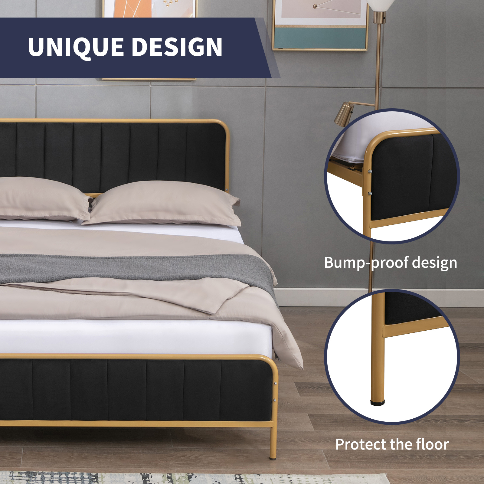 ijuicy King Size Metal Platform Bed Frame with Dutch Velvet Headboard, Clearance Bed Frame Upholstered Headboard, Metal Strip Support, Dark Grey