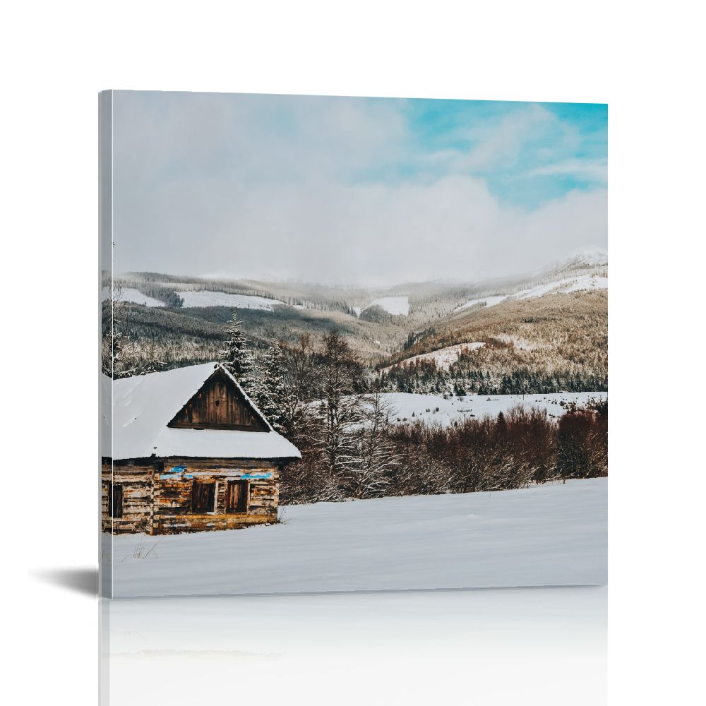 FLORID 16x16in Wall Art Printed Log Cabin Print on Canvas Wall Art for Home Walls Decor Stretched and Framed Ready to Hang 12x12 in