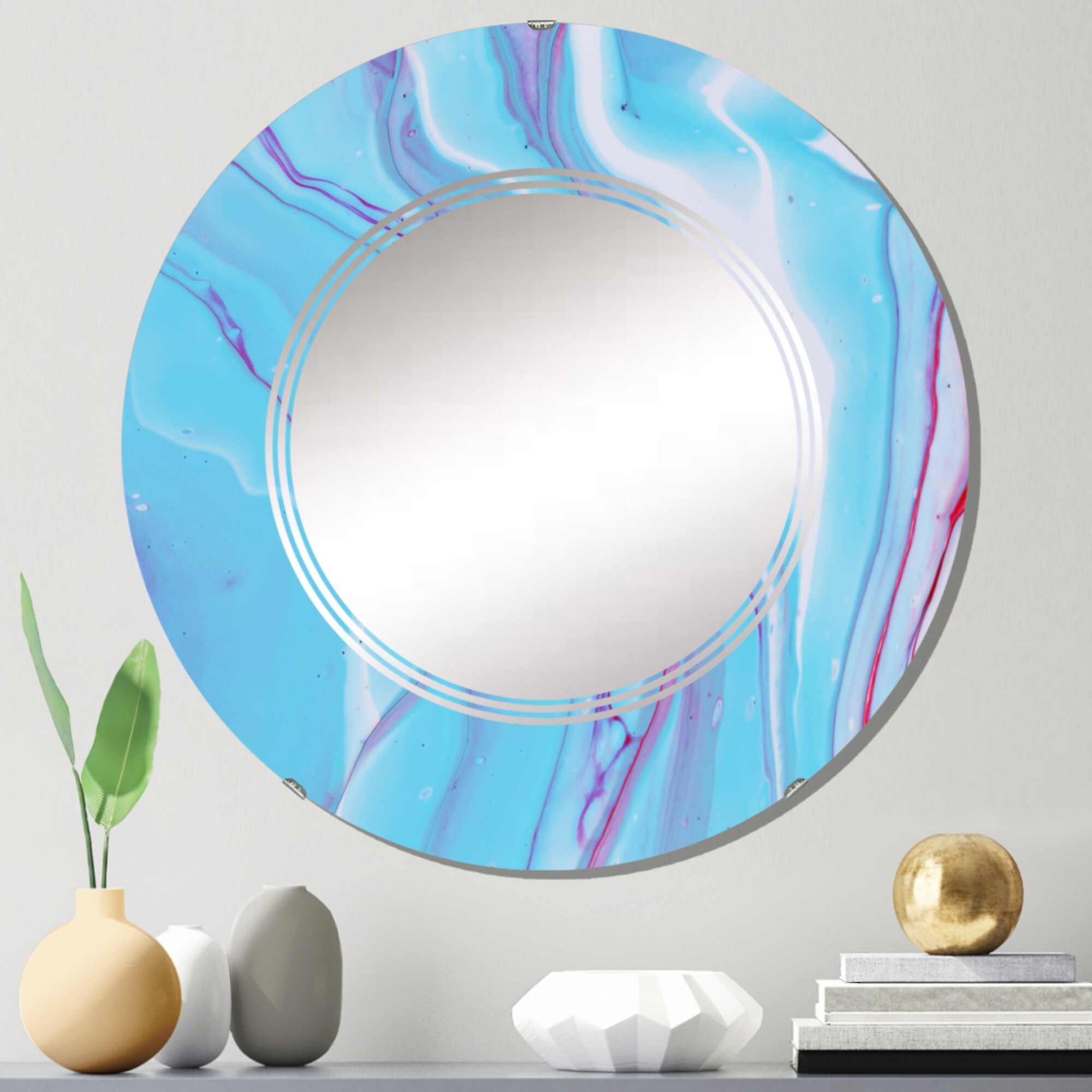 DESIGN ART Designart 'Liquid Ink Art In Shades Of Light Blue VI' Printed Modern Wall Mirror 36in.x36in.
