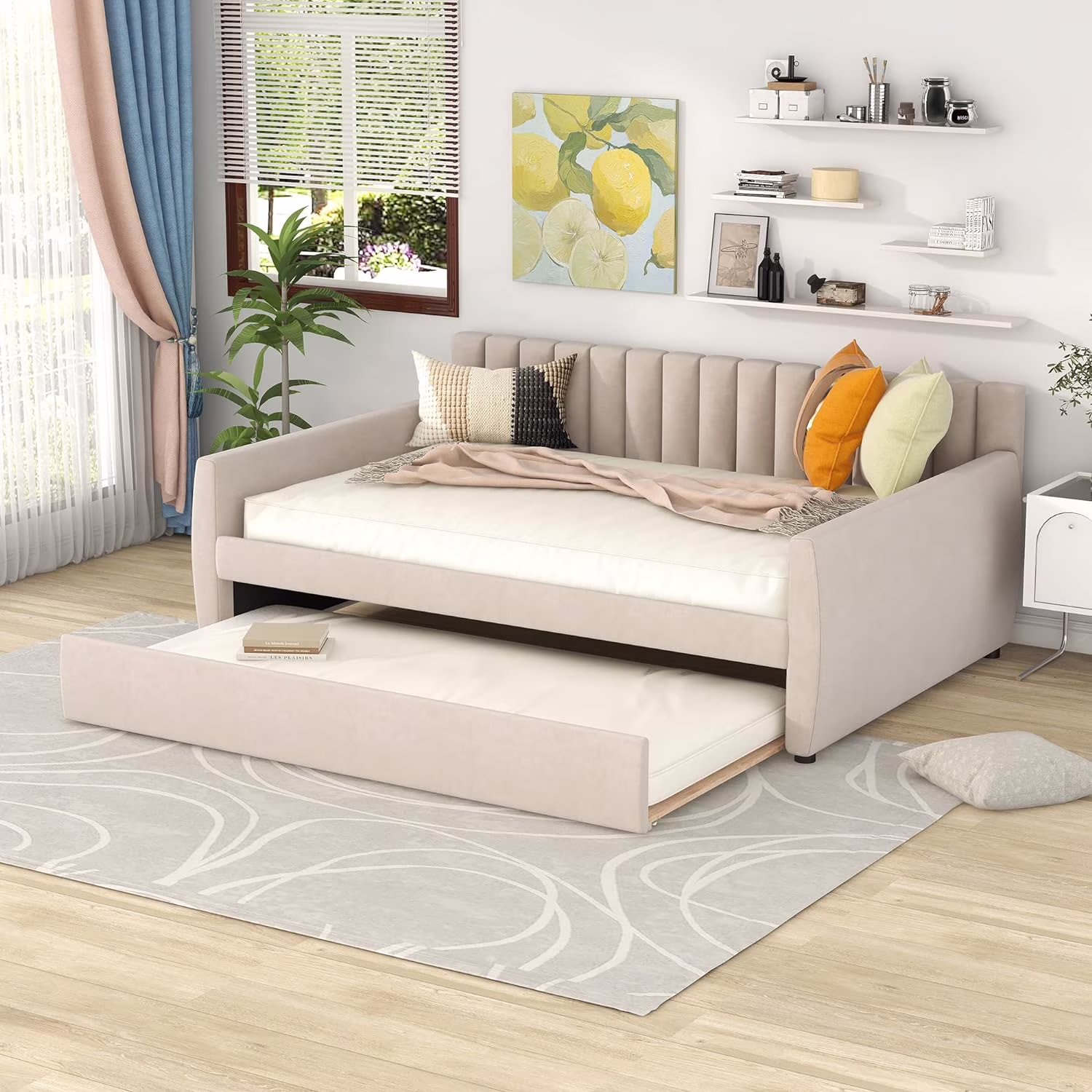 Full Daybed With Trundle, Upholstered Full Size Daybed Sofa Daybed Frame With Trundle,Full Captain’S Bed For Bedroom, Living Room, Guest Room,No Box Spring Needed, Beige