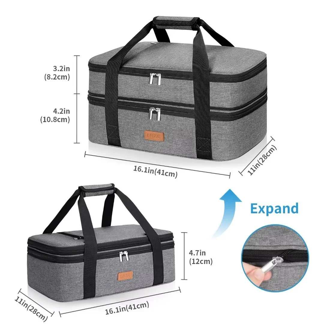 LHZK Insulated Casserole Carrier For Hot or Cold Food, Insulated Expandable Hot Food Carrier, Collapsible Lasagna Holder Tote for Potluck Parties, Picnic, Fits 11 x 15 or 9 x 13 Baking Dish (Grey)