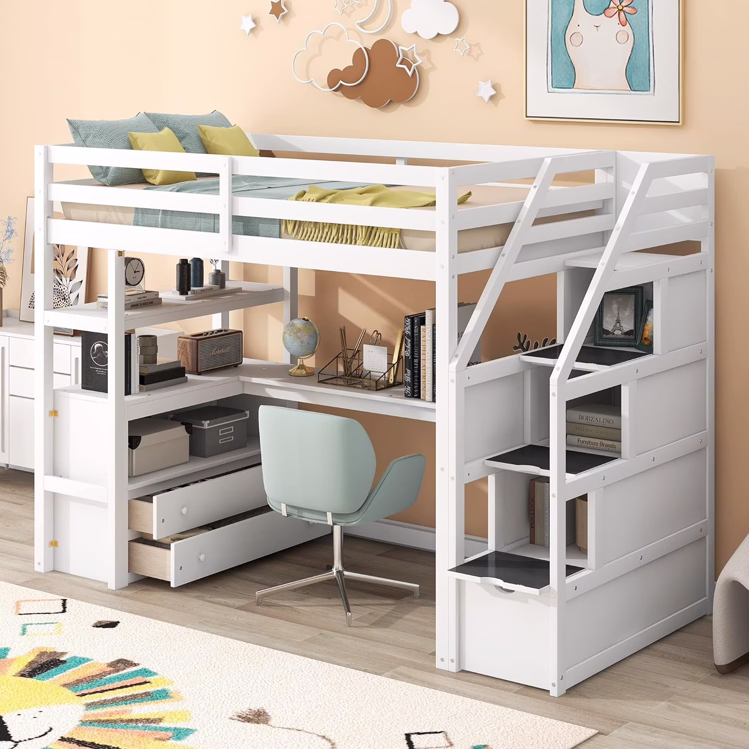 Size Loft Bed With Stairs And Desk, Solid Wood Loft Bed With Bookshelf And Drawers, High Loft Bed Frame With Storage Staircase For Kids Teens, White