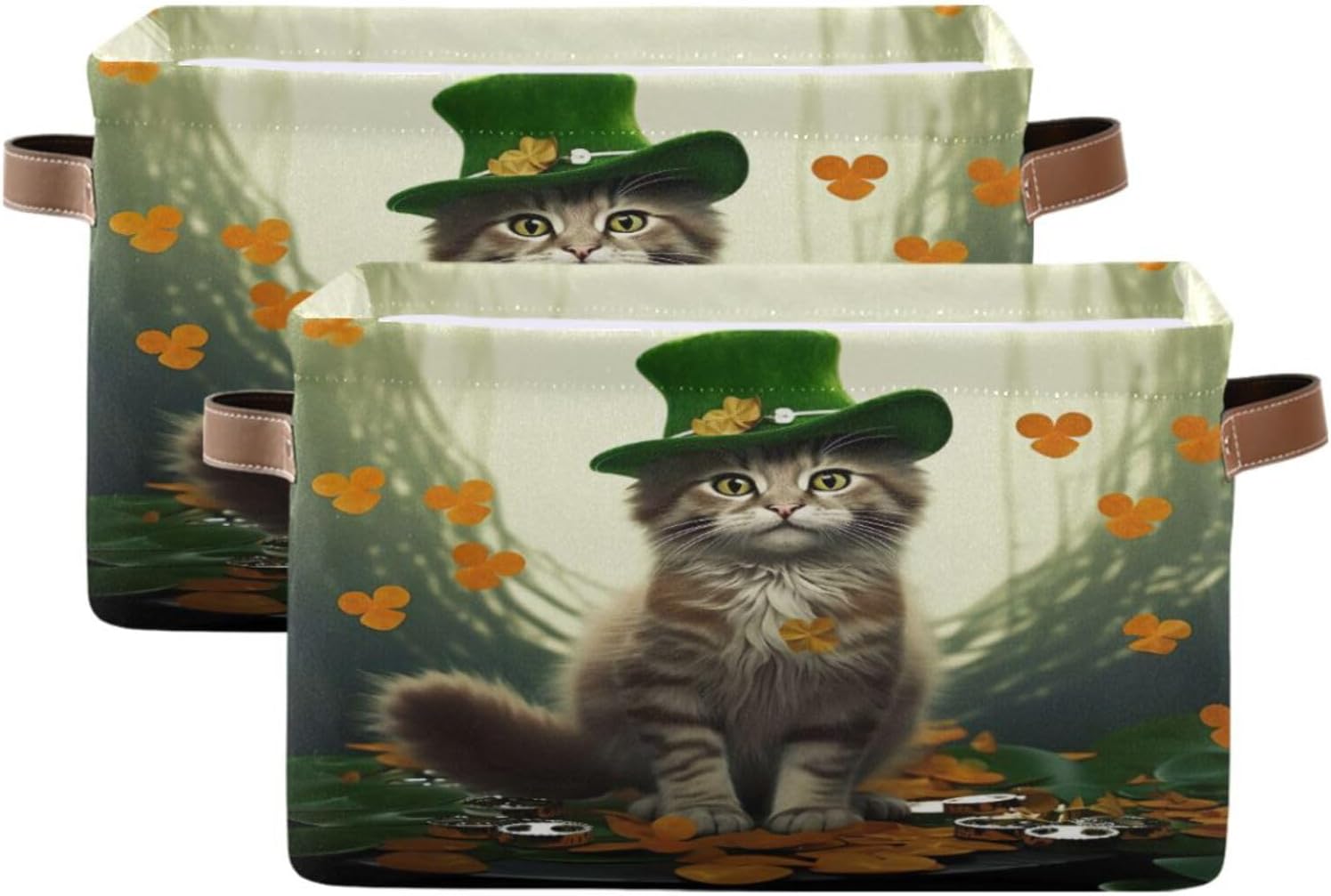 St. Patrick's Day Cute Cat Large Storage Basket 2PCS,Cute Koala Collapsible Toy Storage Box Laundry Basket with Handle,Used for Home Closets, Offices, Bedrooms Halloweenation Home Decor
