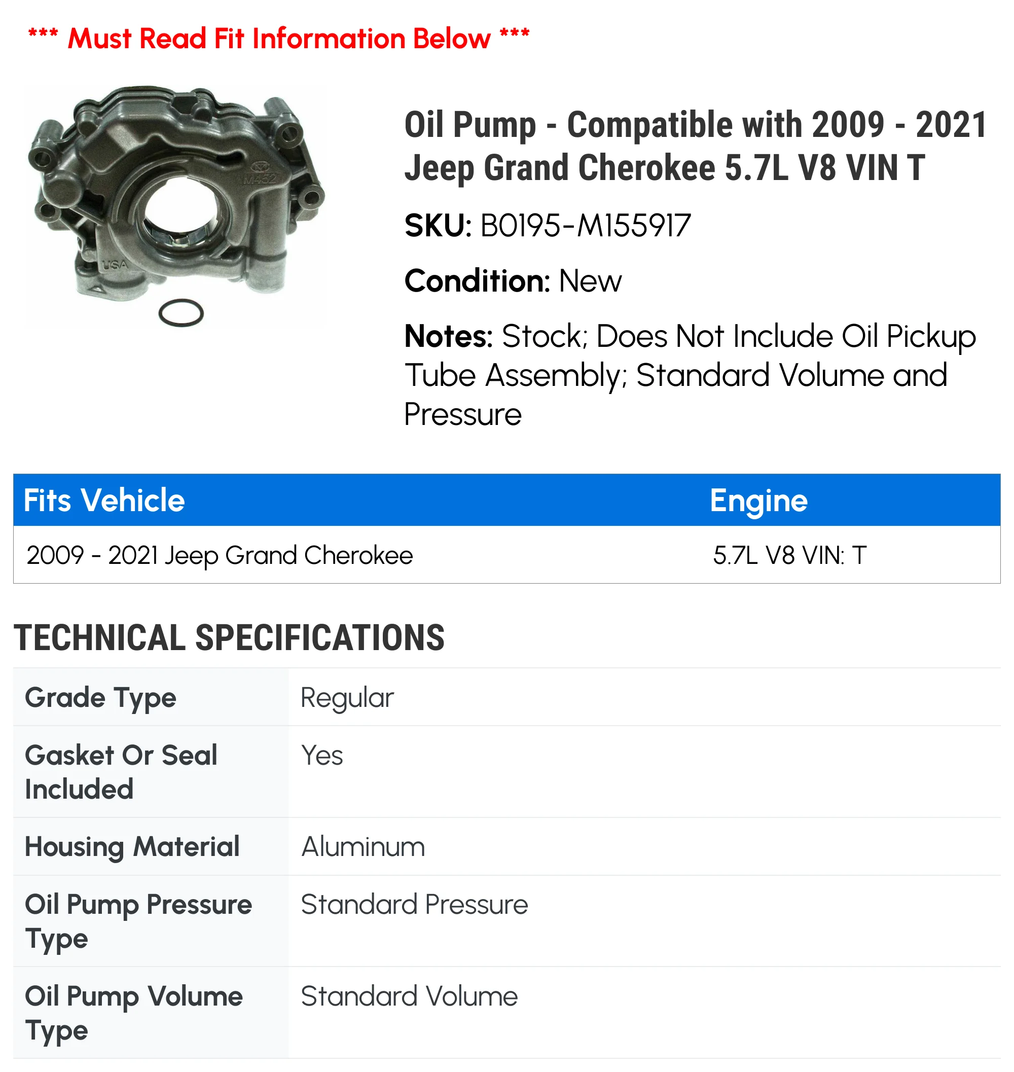 Oil Pump - Compatible with 2009 - 2021 Jeep Grand Cherokee 5.7L V8 VIN T 2010 2011 2012 2013 2014 2015 2016 2017 2018 2019 2020