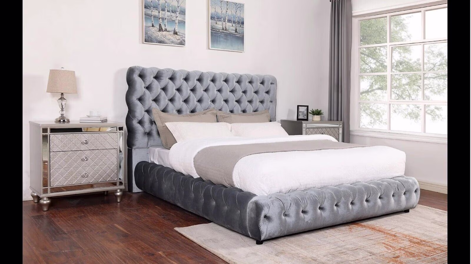 Contemporary 3pc Gray Fabric Upholstered King Size Bed and Nightstand Set Tufted Headboard Footboard Bedroom Furniture