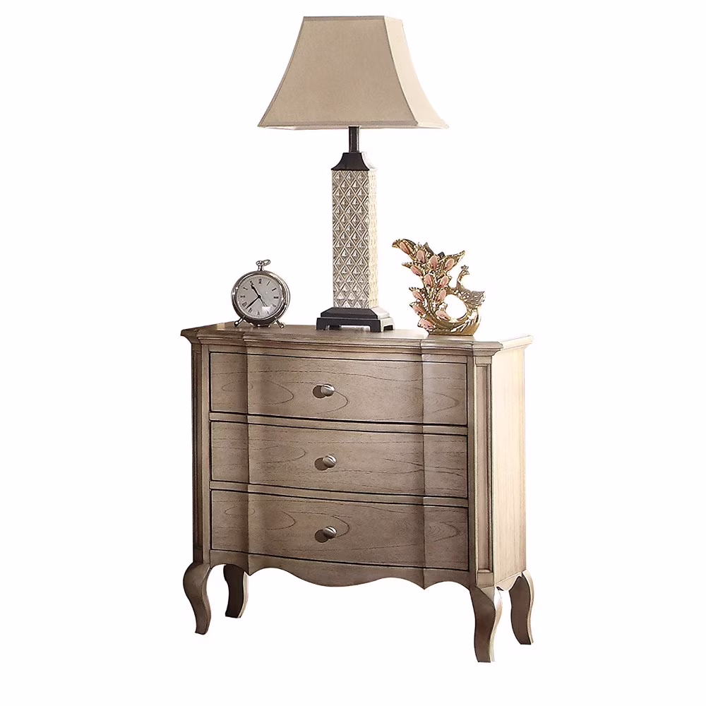 Three Drawer Nightstand With Scalloped Bottom Edge and Cabriole Leg, Antique Taupe- Saltoro Sherpi
