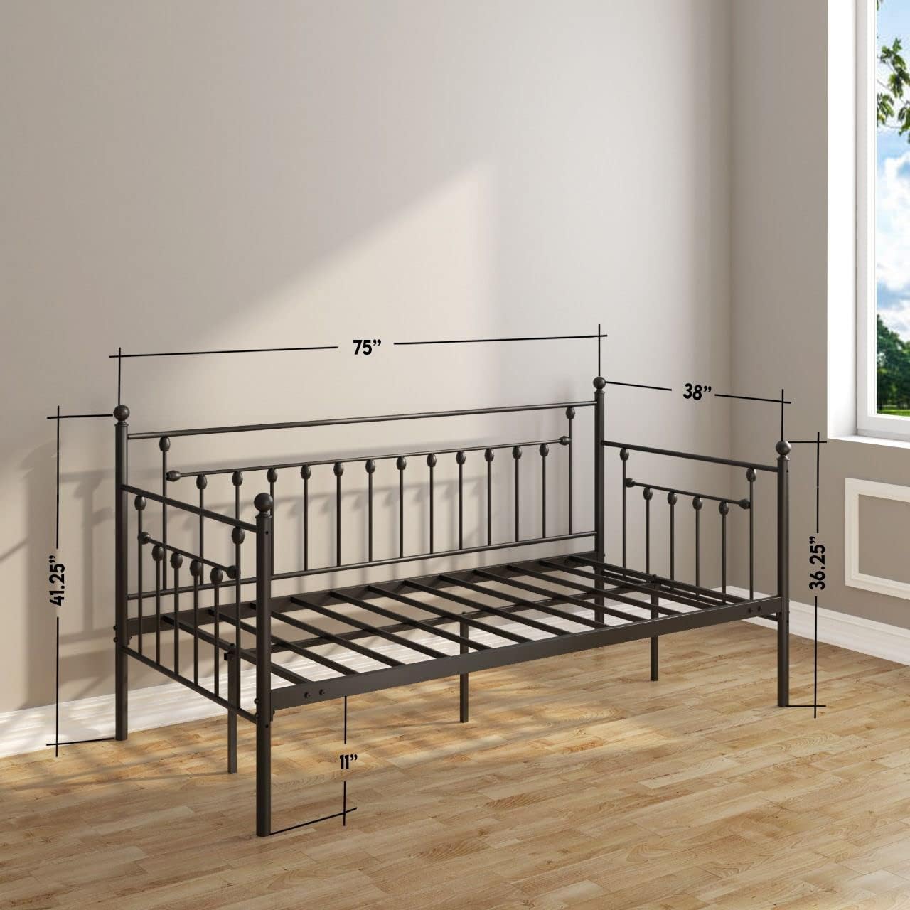 Victorian Black Metal Daybed Without Trundle/Sleeping Bench Futon Loft Bed Sofa Bedroom Living Room/ Mattress/Heavy Duty
