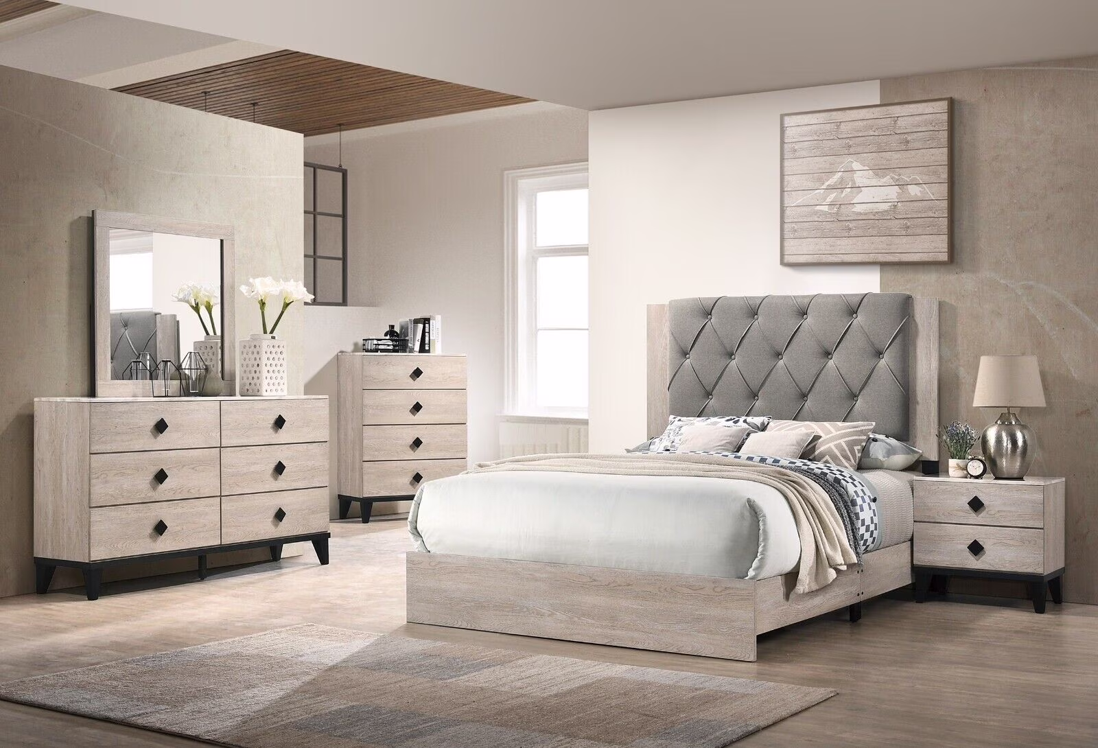 Transitional Style Cream Queen Size Bed 4pc Set Dresser Mirror Nightstand Bedroom Furniture Wooden Home