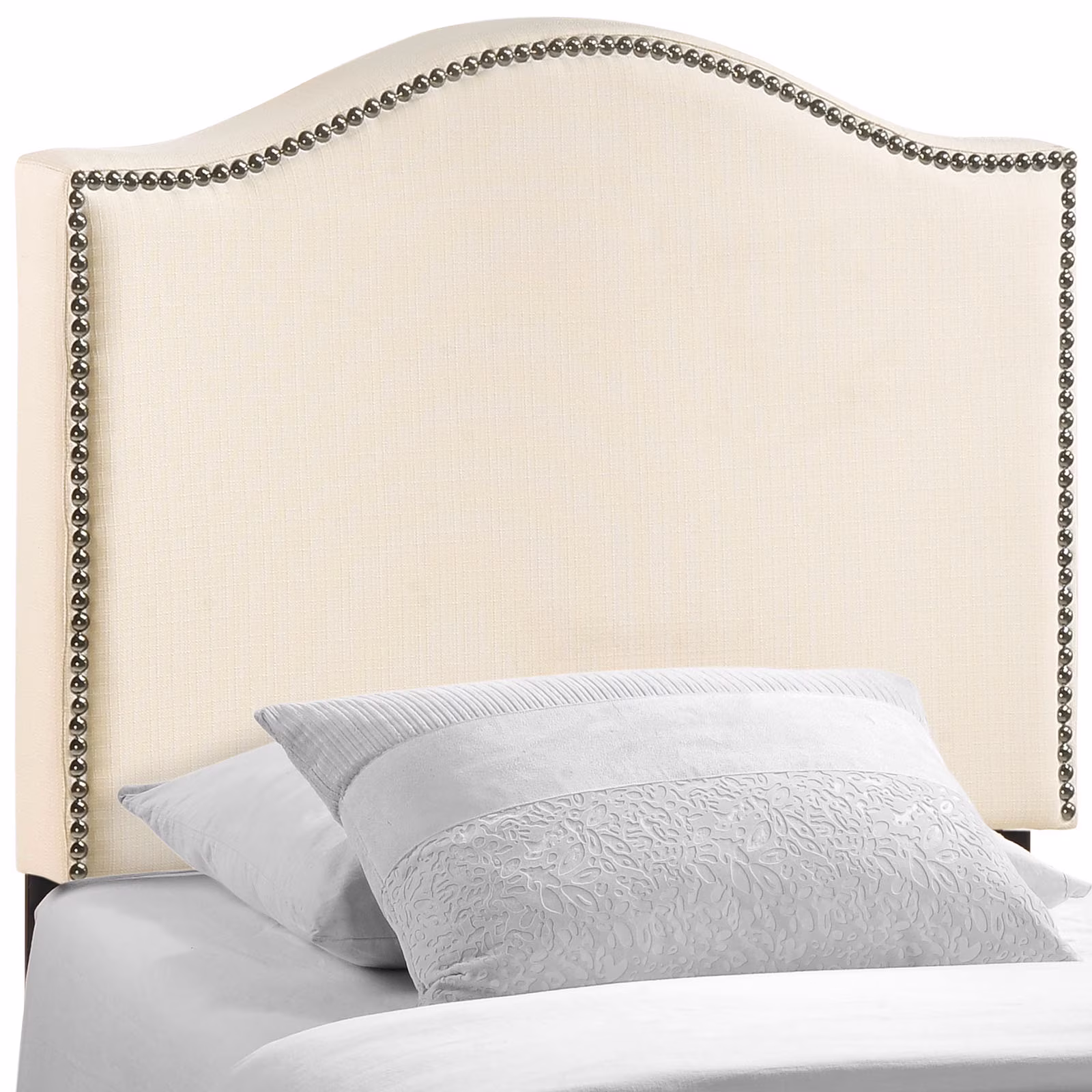 Modern Contemporary Twin Size Nailhead Upholstered Headboard, Ivory Fabric