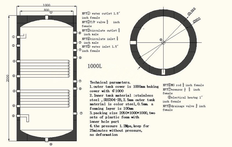 1000 Liter 264 Gallon Stainless Steel Solar Hot Water Heater Tank Dual Copper Coil Heat Exchangers