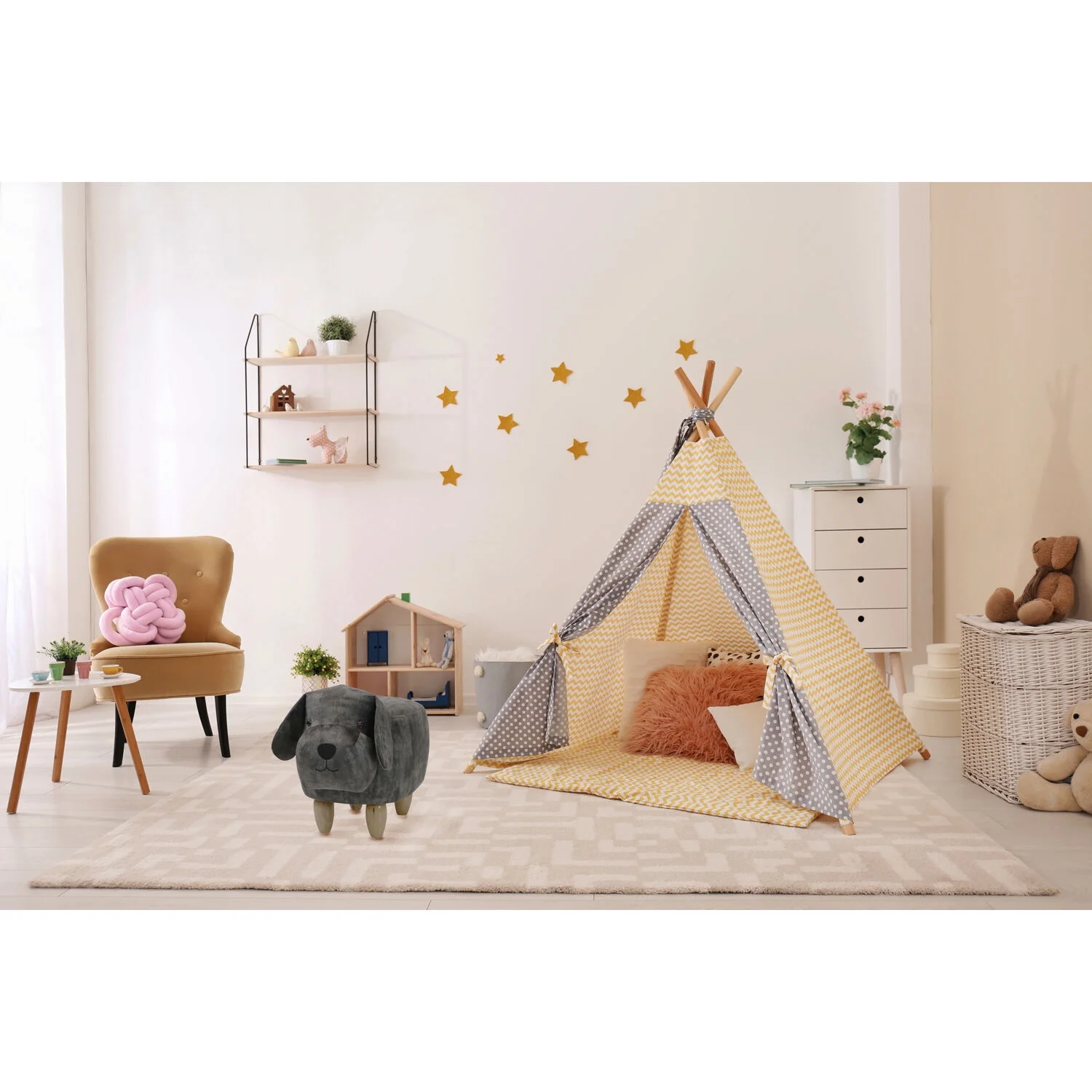 Critter Sitters 14-In. Seat Height Polyester Blend Dark Gray Dog Animal Shape Ottoman