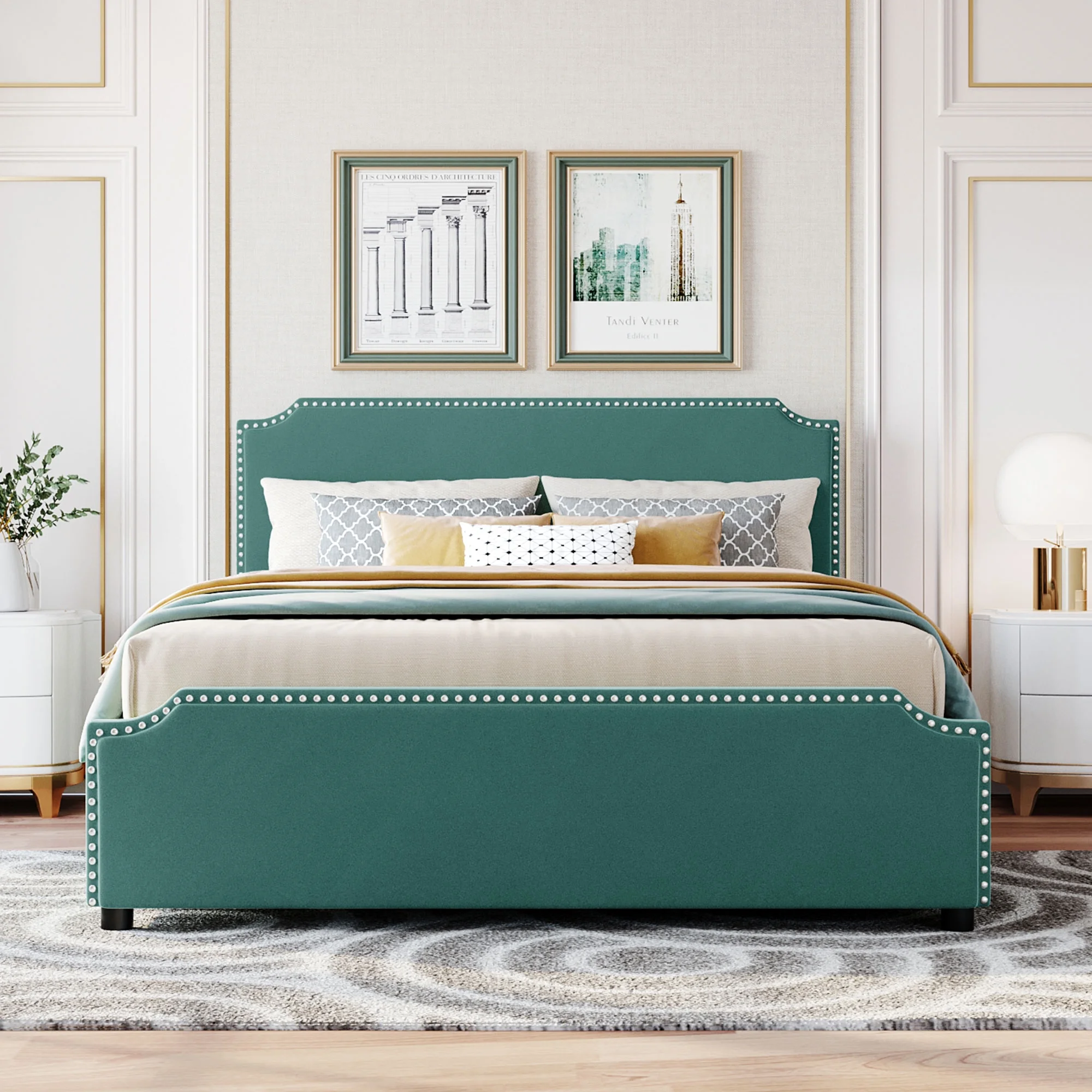 Upholstered Platform Bed with Stud Trim Headboard and Footboard and 4 Drawers No Box Spring Needed, Velvet Fabric, Queen Size (Green)