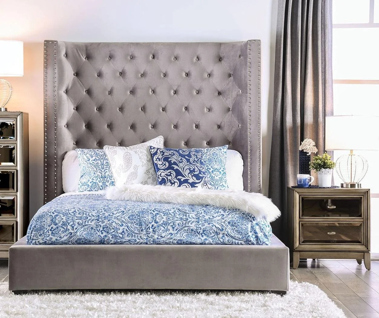 Transitional Gray Solid Wood King Bedroom Set 3pcs FOA CM7679GY Mirabelle