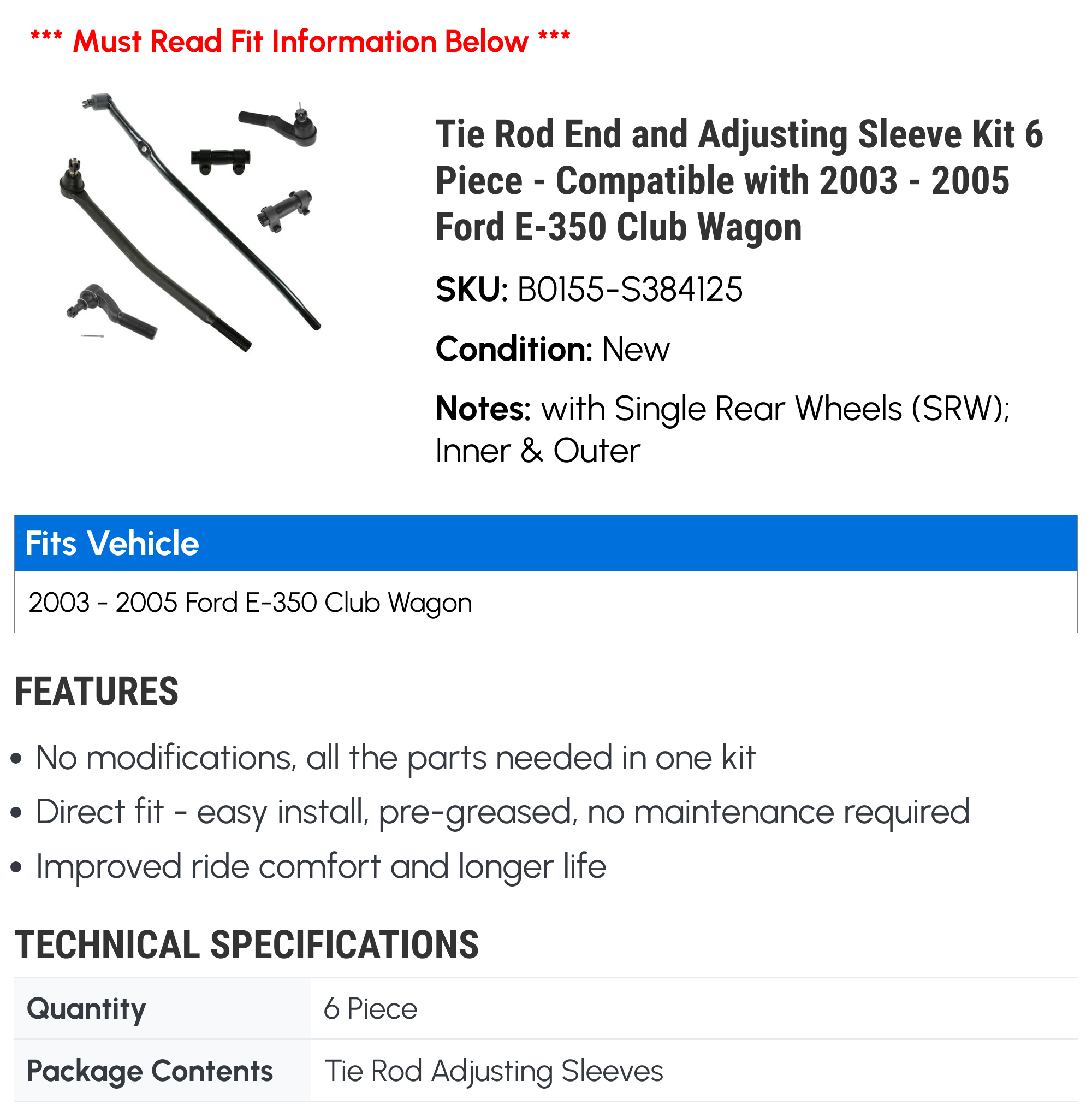 Tie Rod End and Adjusting Sleeve Kit 6 Piece - Compatible with 2003 - 2005 Ford E-350 Club Wagon 2004